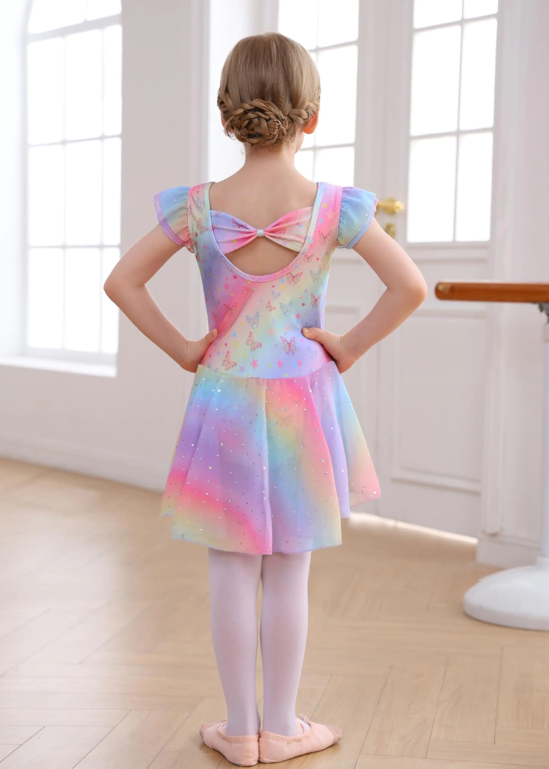 MdnMd Ballet Leotards with Skirt Toddler Girls Dance Ballerina Outfit Dresses Short Sleeve Rainbow Butterfly 4-5T