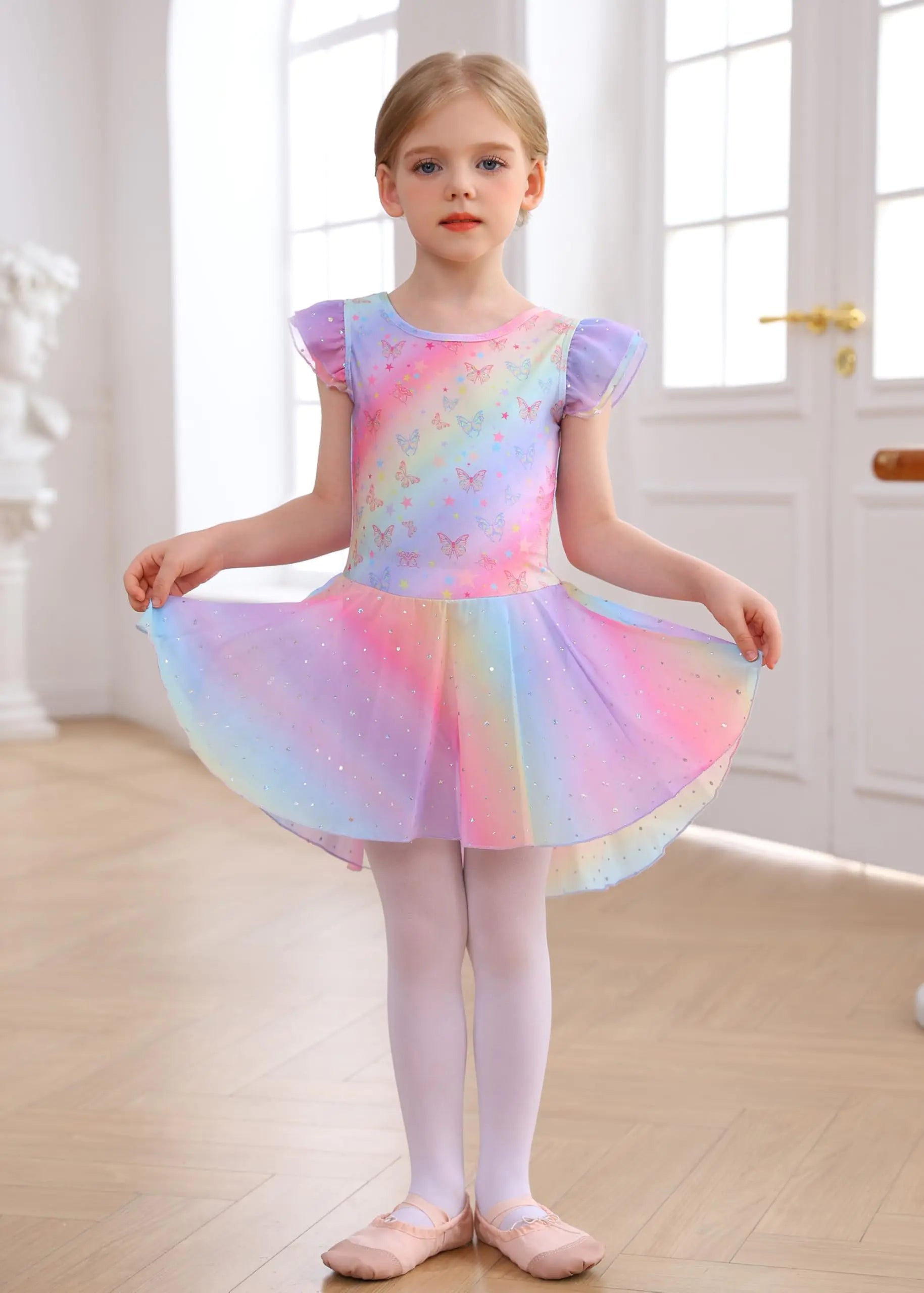 MdnMd Ballet Leotards with Skirt Toddler Girls Dance Ballerina Outfit Dresses Short Sleeve Rainbow Butterfly 4-5T