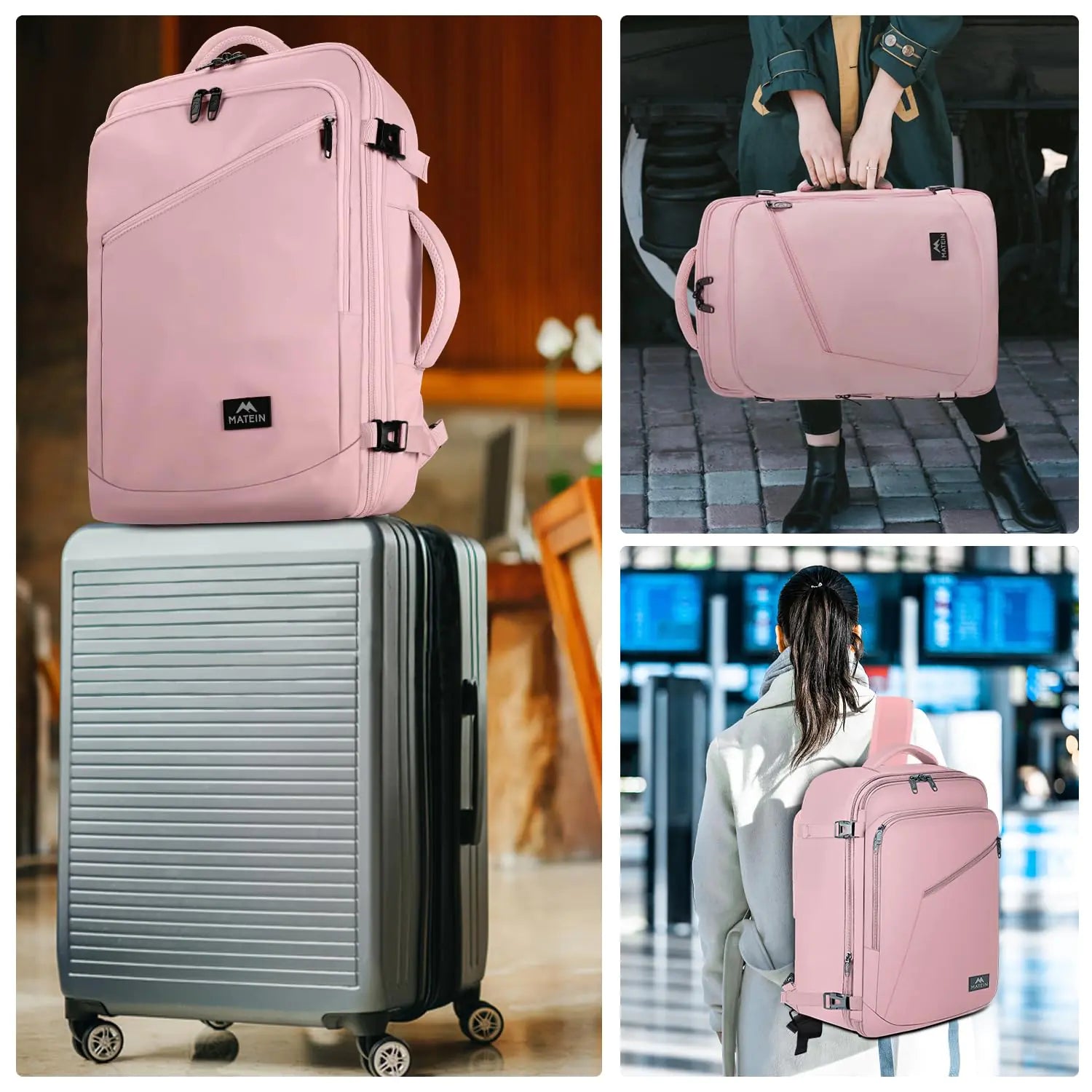 Mochila de viaje rosa MATEIN para mujer: mochila de fin de semana convertible de 35 l, expandible y aprobada por aerolíneas