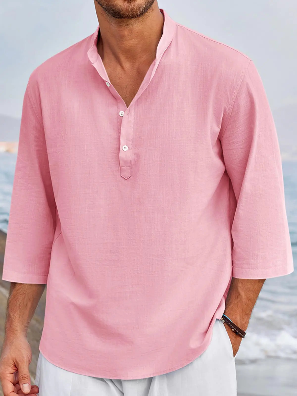 Chemise Henley en lin pour homme Ryannology - T-shirt décontracté en coton à manches 3/4 - Coupe régulière, haut tunique léger pour la plage et le yoga (moyen, rouge)