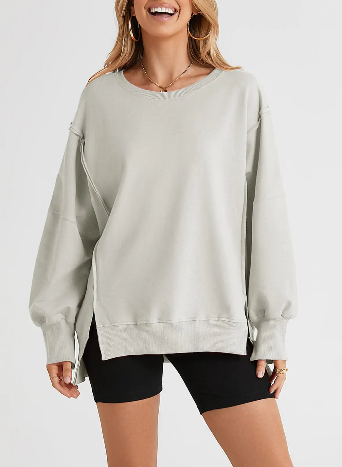 SHEWIN Sudadera de mujer de gran tamaño con costura inversa, informal, de manga larga, cuello redondo, ligera, sudaderas holgadas, XX-Large N gris 