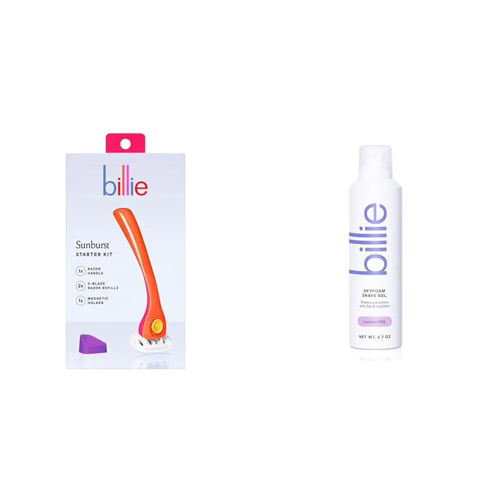 Kit de afeitado Billie Razors para mujer con 2 recambios + soporte Paquete con aroma a leche de lavanda Gel de afeitar SkyFoam Sunburst + Gel de afeitar 