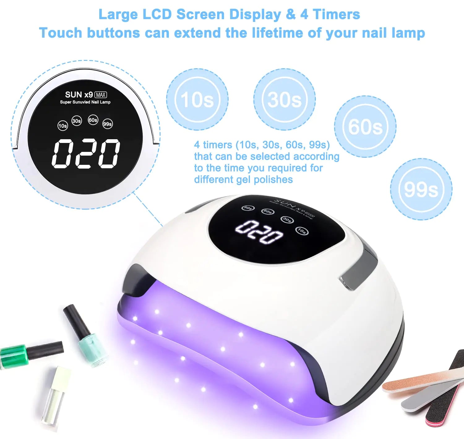 Wisdompark Lampe à ongles LED 220 W pour ongles en gel Séchoir à séchage rapide avec 57 perles de lampe 4 minuteries Lumière UV professionnelle pour salon de manucure à domicile Outils de nail art Blanc