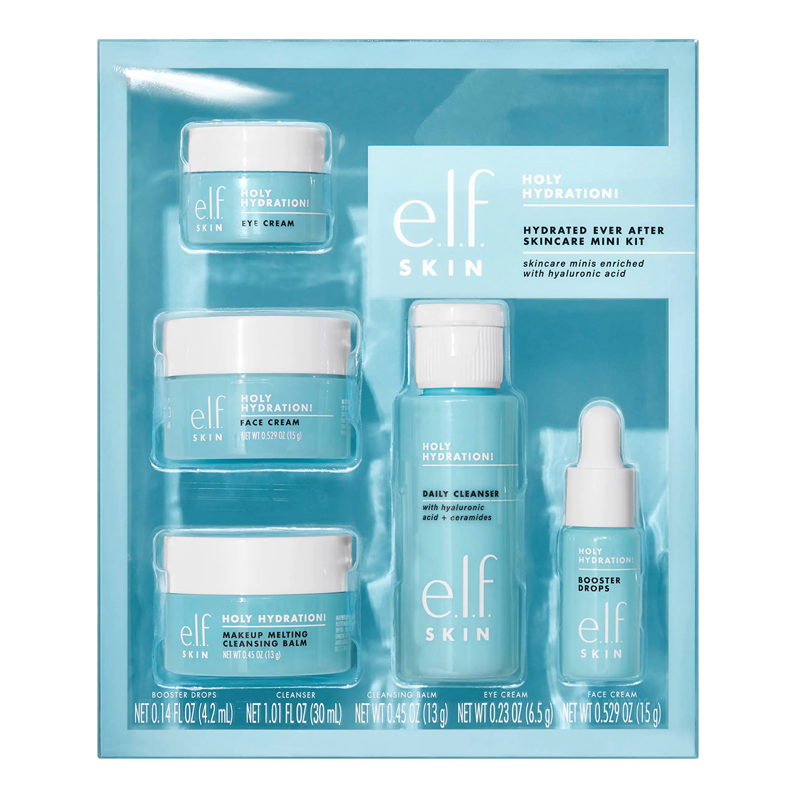 Minikit de cuidado de la piel elf SKIN Hydrated Ever After, limpiador, desmaquillador, humectante y crema para ojos para hidratar la piel, tamaños aptos para aviones 