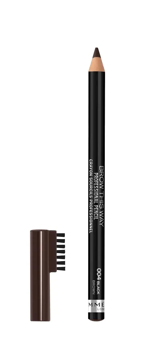 Lápiz de cejas profesional Brow This Way de Rimmel London, de larga duración, altamente pigmentado, con cepillo incorporado, 004, marrón oscuro, 0,05 oz (paquete de 1) 