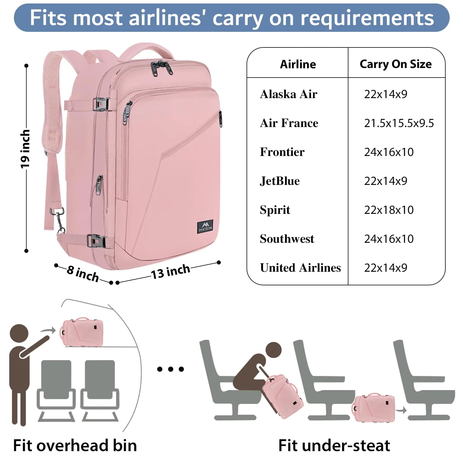 Mochila de viaje rosa MATEIN para mujer: mochila de fin de semana convertible de 35 l, expandible y aprobada por aerolíneas