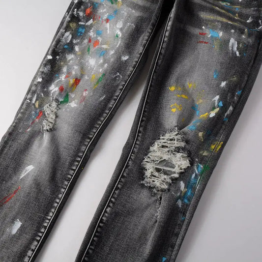 Men Speckle Ink Printed Vintage Pleated Ripped Jeans Vivareflex Online