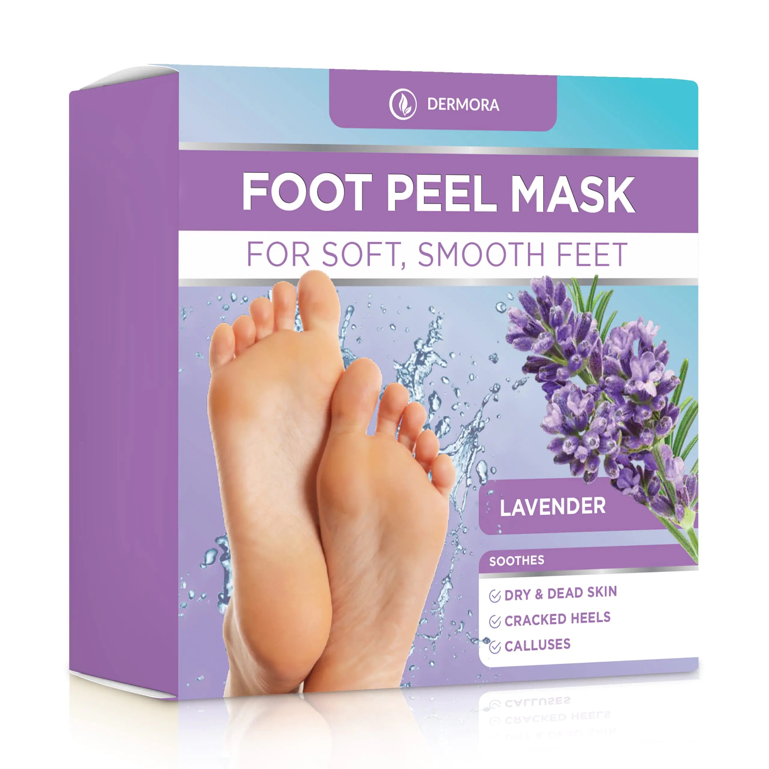 Masque exfoliant pour les pieds DERMORA - Lot de 2 masques exfoliants pour les pieds de taille standard pour les pieds secs, crevassés, callosités, peaux mortes - Masque exfoliant pour les pieds pour des pieds doux de bébé, parfum de lavande française