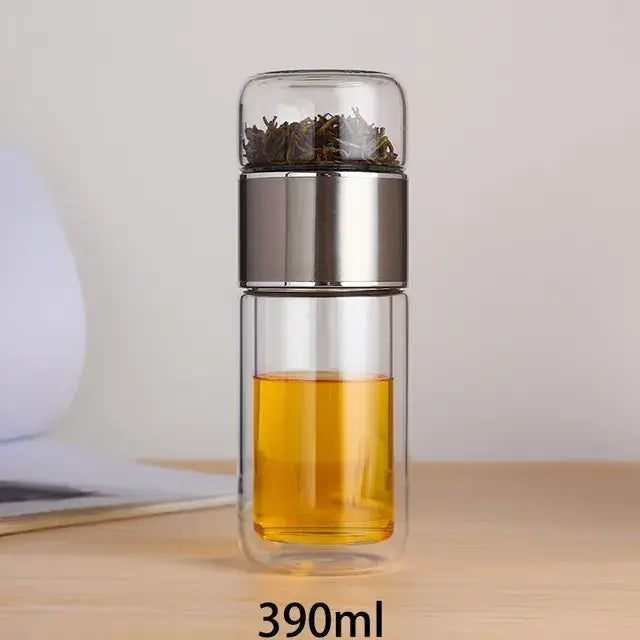 Bouteille à thé en verre borosilicate à double couche de 390 ml avec infuseur à thé