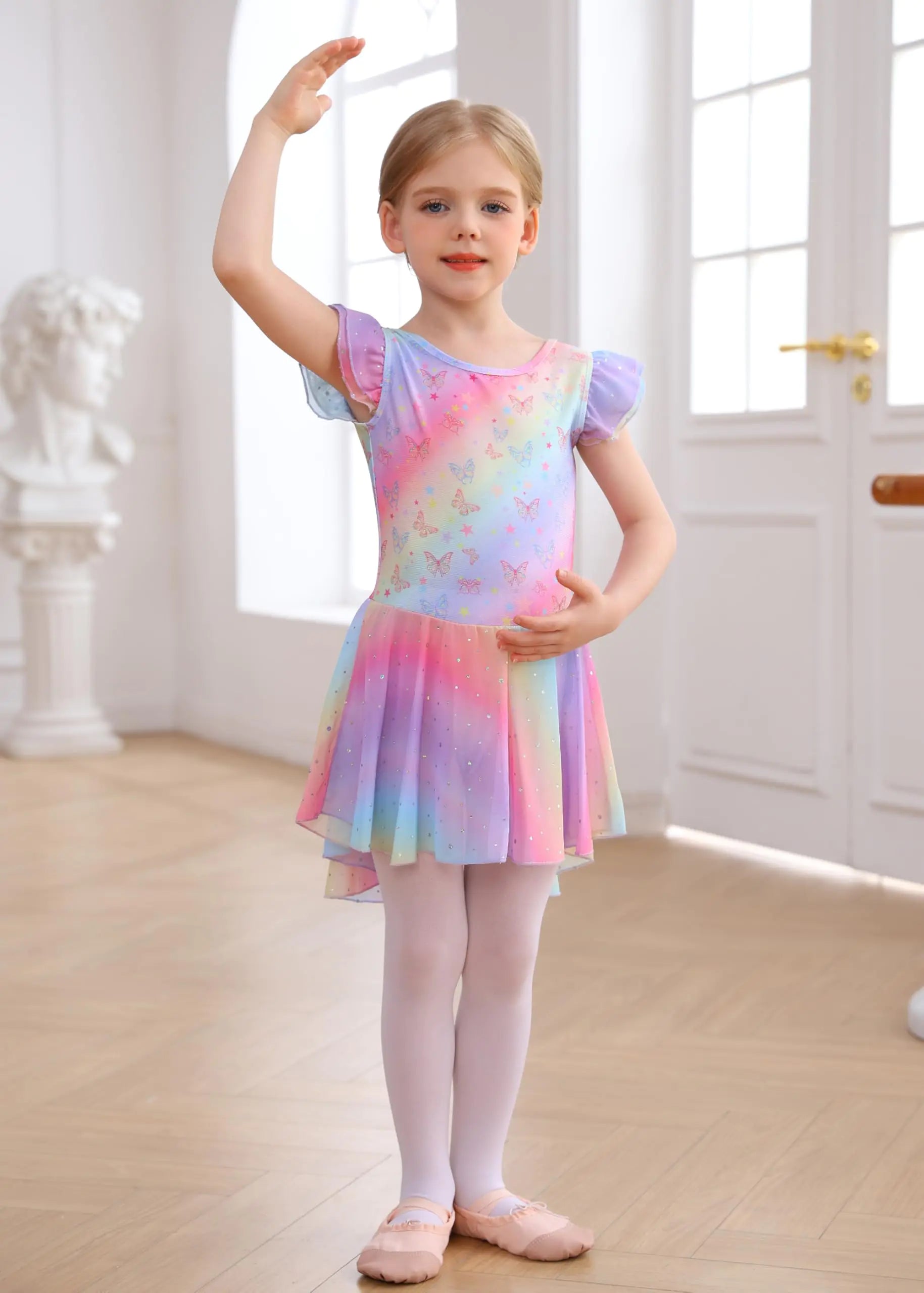 MdnMd Ballet Leotards with Skirt Toddler Girls Dance Ballerina Outfit Dresses Short Sleeve Rainbow Butterfly 4-5T