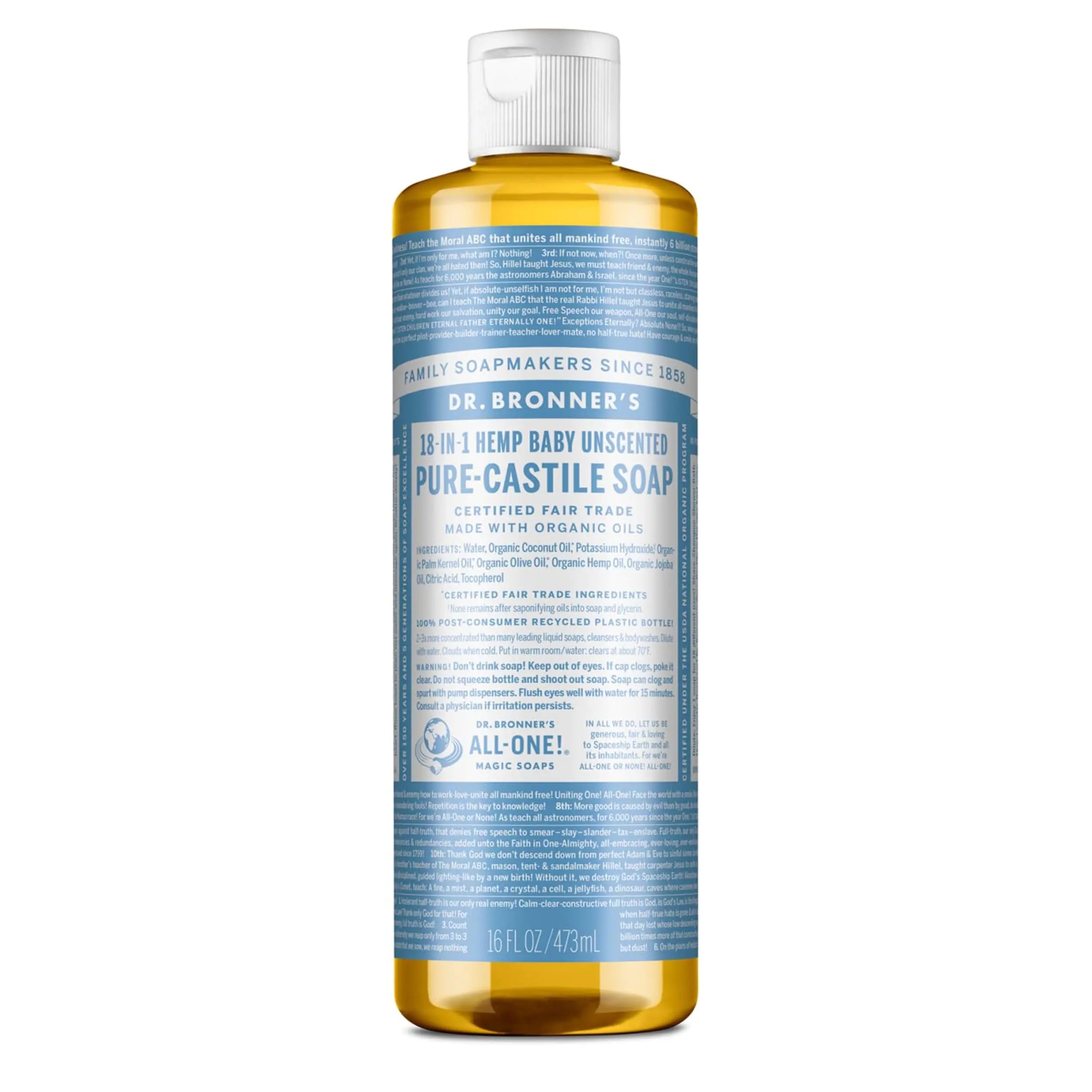 Dr. Bronner’s Pure-Castile Liquid Soap - Baby Unscented (16 oz) | Organic, Multi-Purpose, Gentle for Sensitive Skin