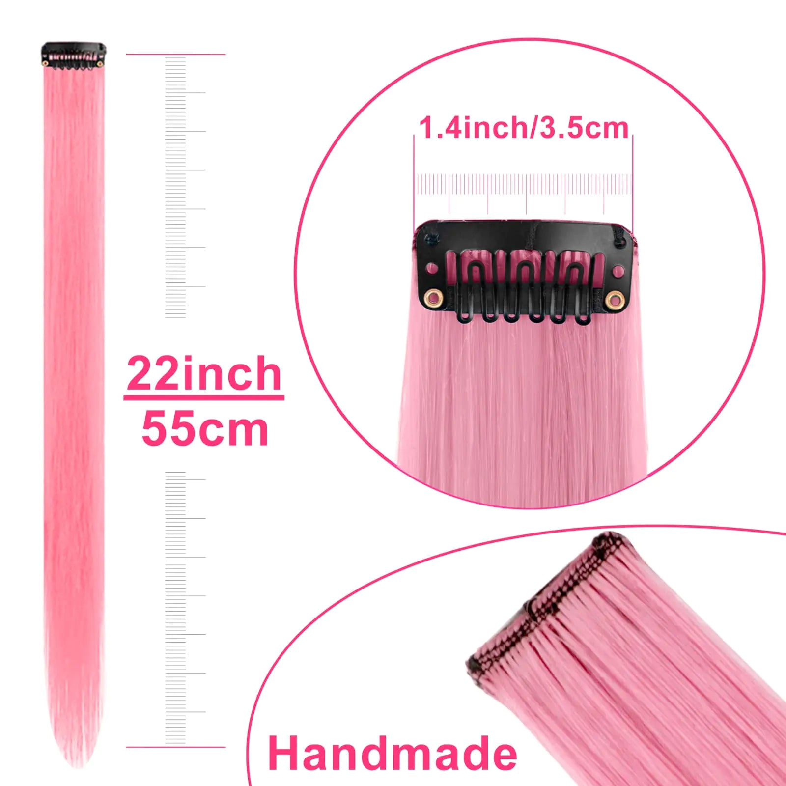 Extensions de cheveux colorés de 22 pouces, postiche lisse, mèches multicolores, extensions de cheveux synthétiques à clipser pour enfants et femmes, cadeau (10 pièces rose)