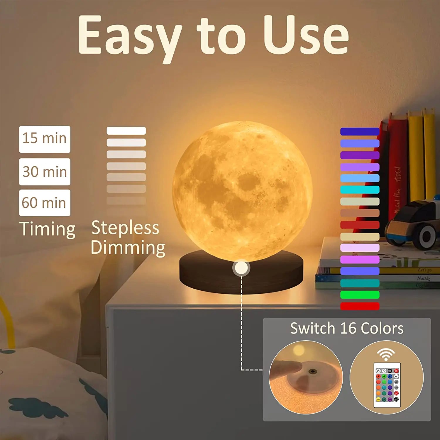 Lampe de nuit LED 3D rotative à 360° en forme de lune