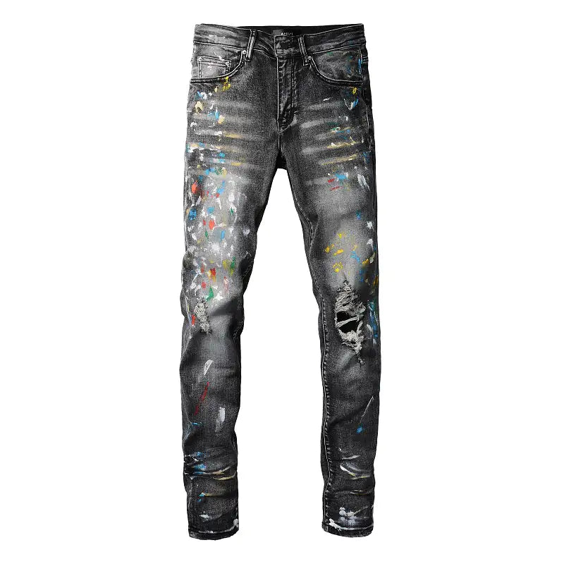 Men Speckle Ink Printed Vintage Pleated Ripped Jeans Vivareflex Online