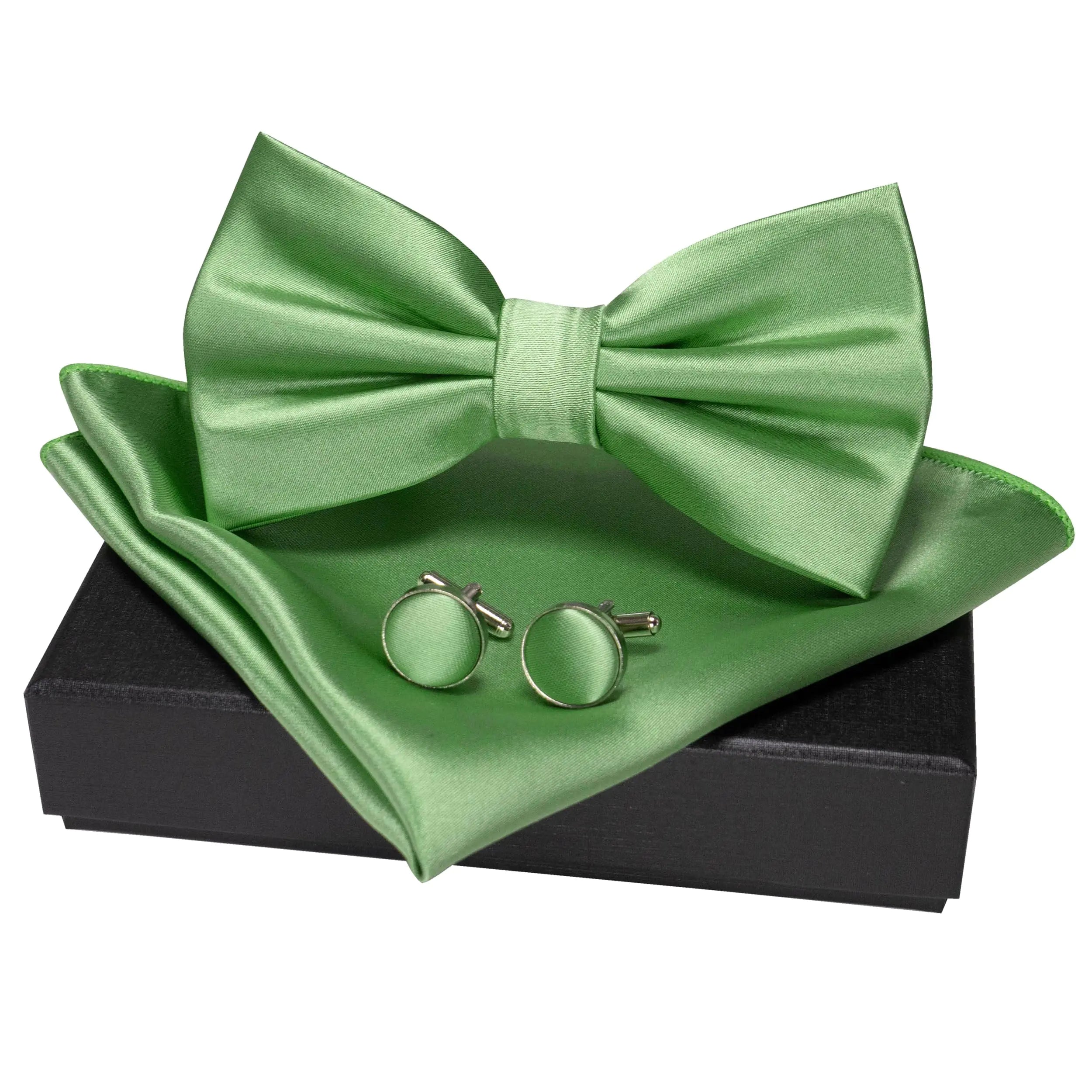 JEMYGINS Ensemble de boutons de manchette pré-noués et de pochette pour homme de couleur unie avec coffret cadeau vert sauge