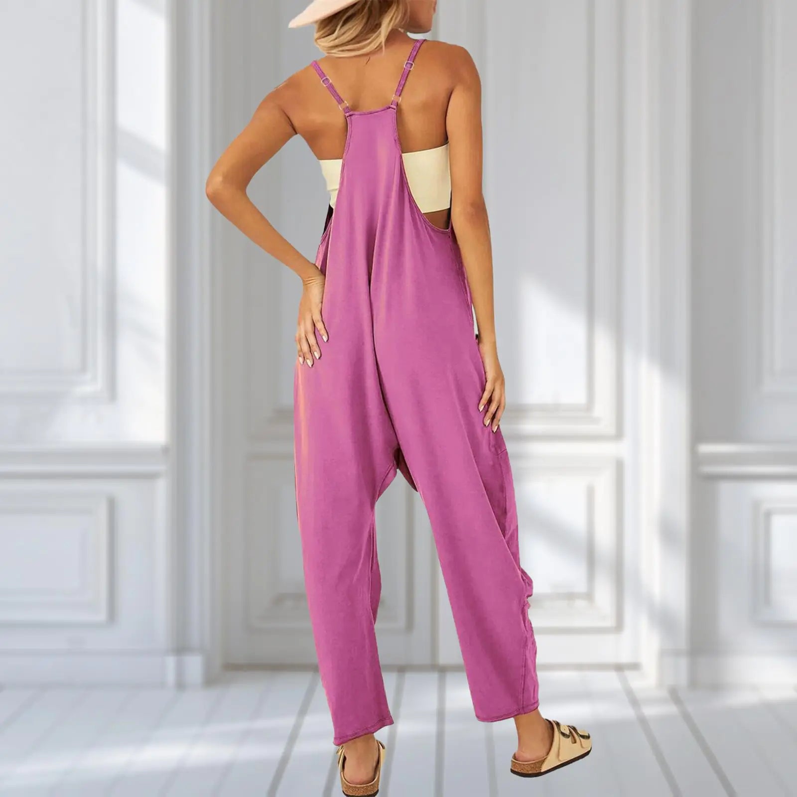 One Piece Jumpsuits for women V Neck Sleeveless Loose Fit overalls Spaghetti Strap Harem Long Pants with Pockets Purple Pink X-Large - Vivareflex Online