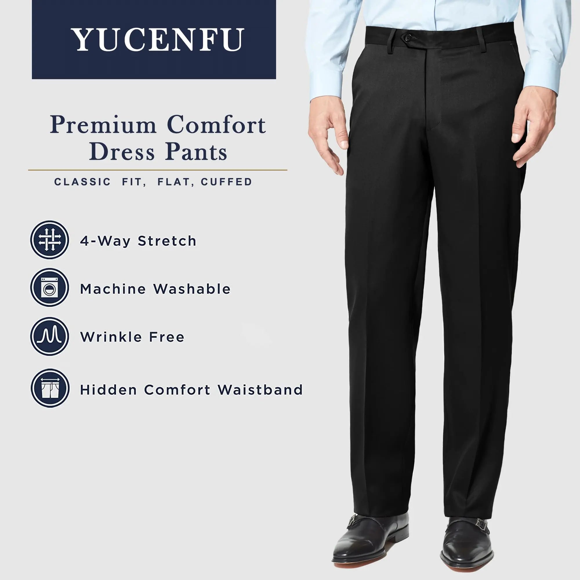 Men's Cozy Hidden Expandable Waist Dress Pants | Premium Stretch Texture Weave Work to Weekend Pant 44W x 34L Black - Vivareflex Online