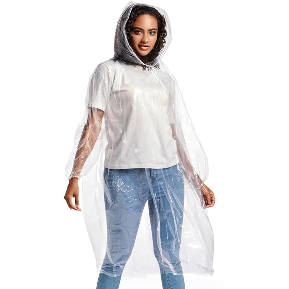 Ponchos de lluvia desechables ALBRY para adultos con capucha con cordón - Ponchos de lluvia de emergencia, paquete familiar para mujeres y hombres, transparente, talla única, paquete de 3 