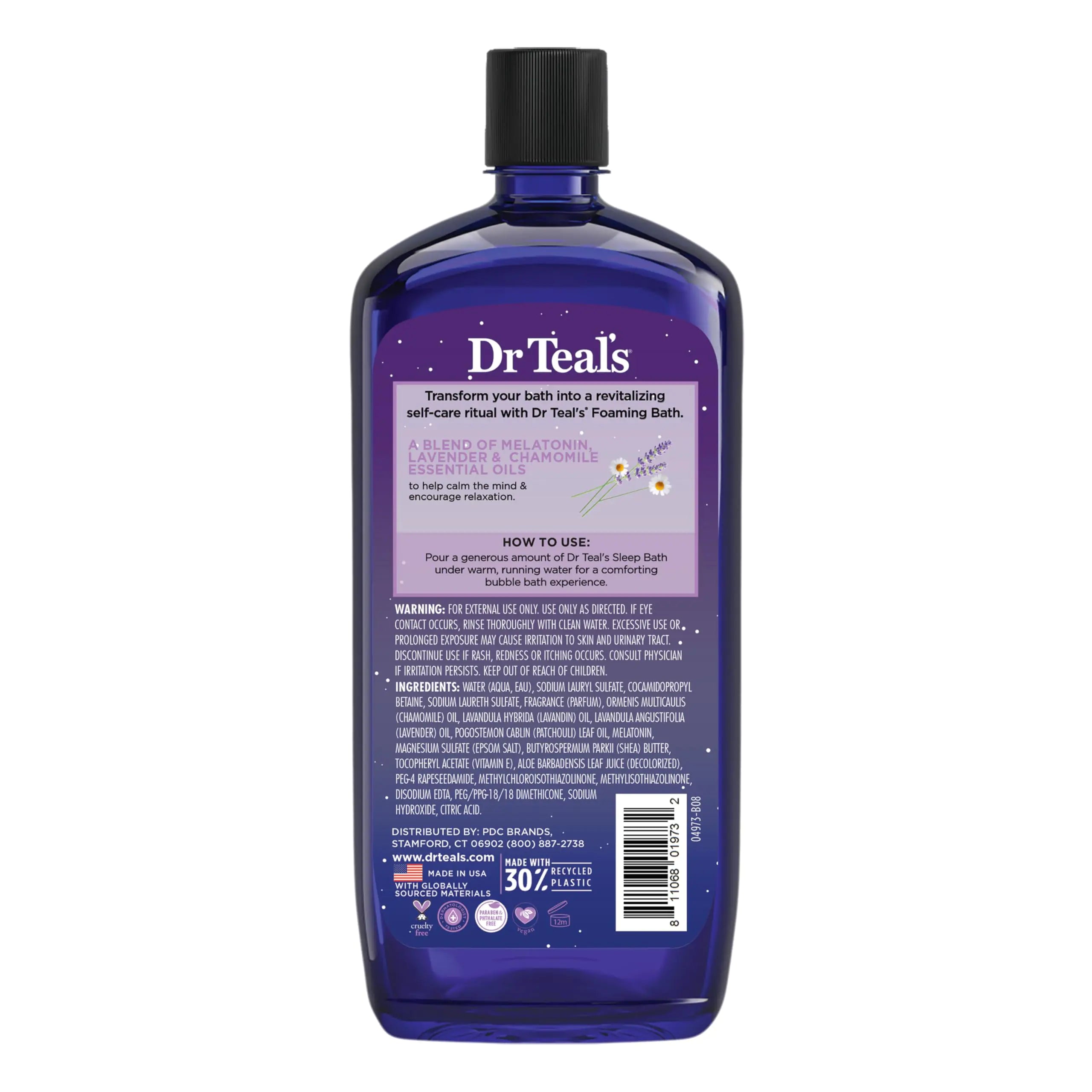 Baño espumoso con sal de Epsom pura del Dr. Teal, mezcla para dormir con melatonina, aceites esenciales de lavanda y manzanilla, 34 onzas líquidas (paquete de 4) (el empaque puede variar) 