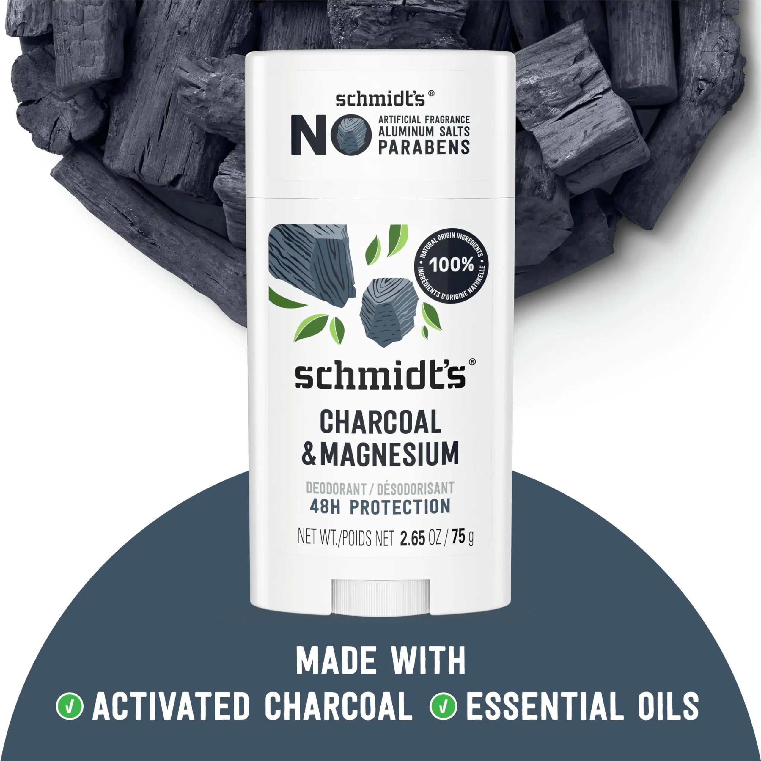 Desodorante vegano sin aluminio de Schmidt con carbón y magnesio que protege contra el mal olor las 24 horas, 4 unidades para mujeres y hombres, ingredientes naturales, sin crueldad animal, 2,65 oz 