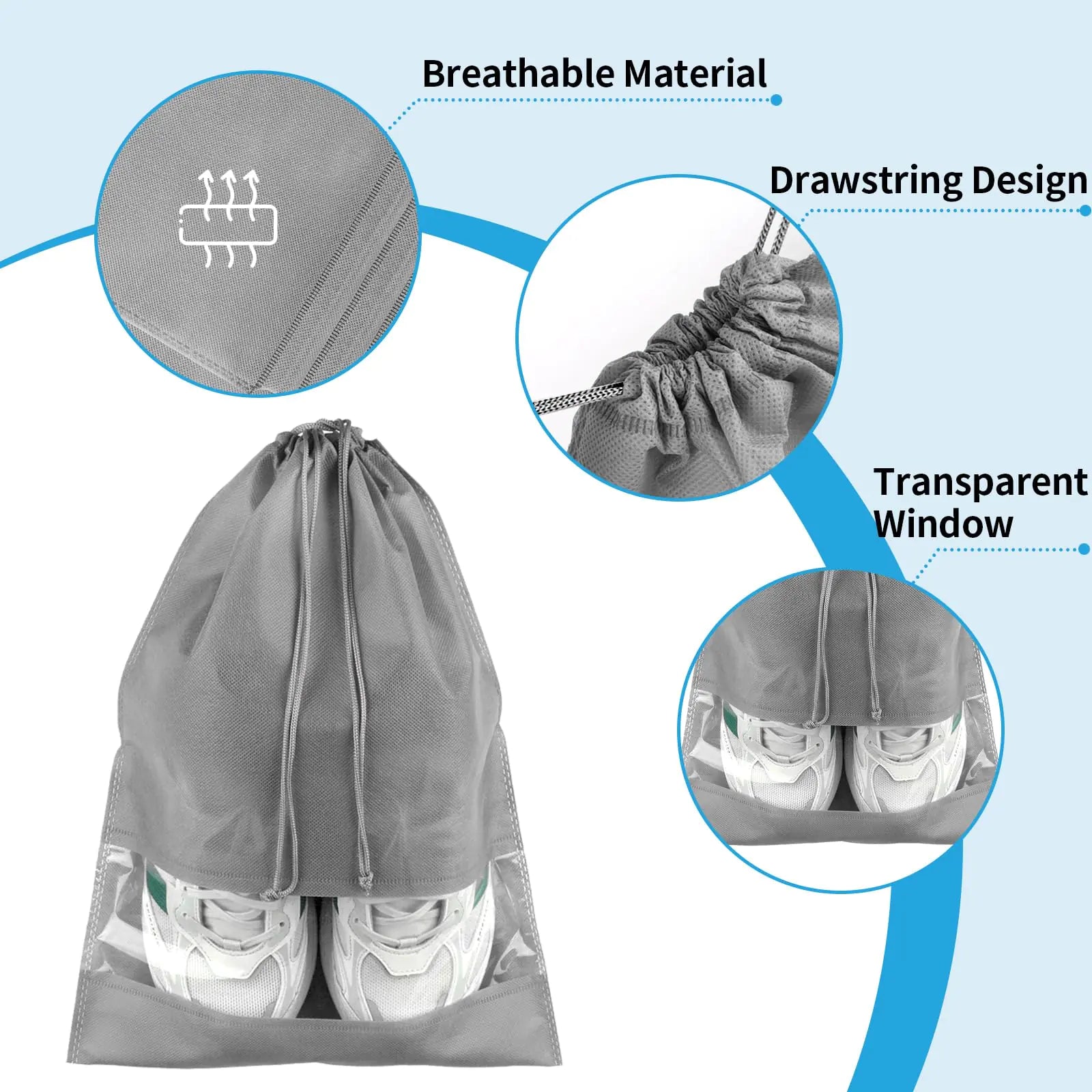 Bolsas para zapatos para viajes, 5 piezas, grandes bolsas de viaje grises para zapatos para empacar, bolsa de almacenamiento de zapatos de viaje con cordón no tejido y ventana transparente para hombres y mujeres (12,6