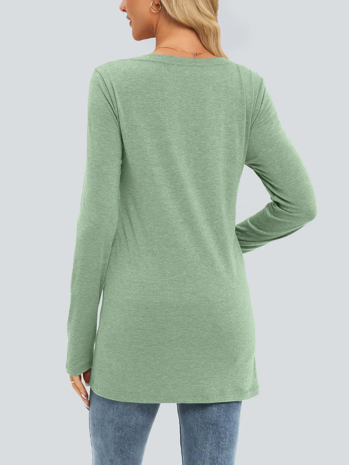 AUTOMET Camisas de manga larga para mujer, blusas casuales con cuello en V y bolsillos, ropa básica holgada y elegante para otoño, ropa de moda de invierno 2024, verde claro, talla pequeña 