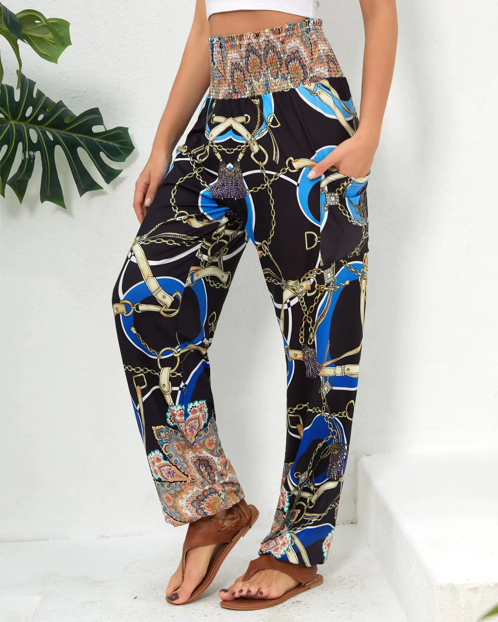 Pantalones harén para mujer QIANXIZHAN, pantalones bohemios de yoga de cintura alta con bolsillos y cadena grande azul 