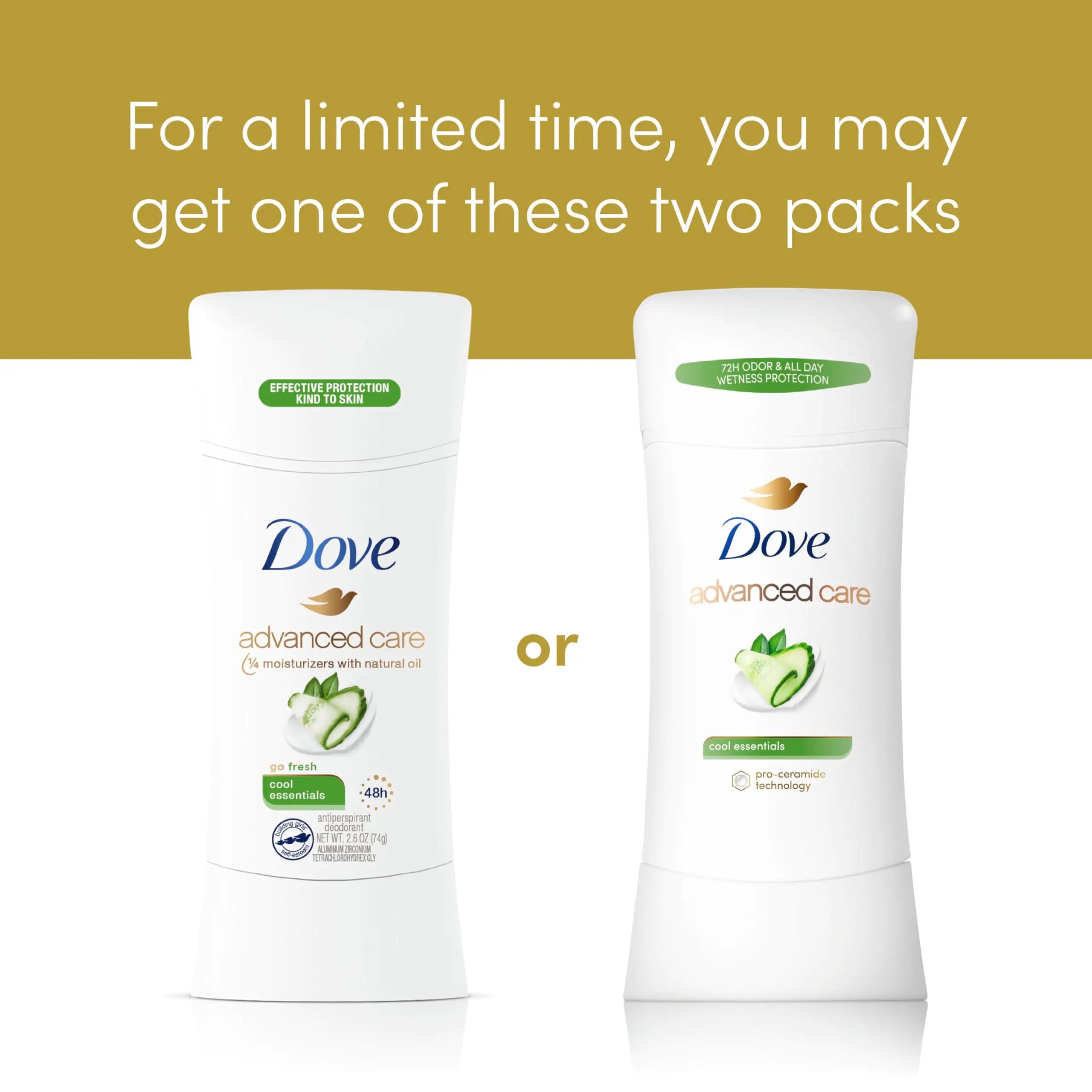 Dove Advanced Care Antiperspirant Deodorant Stick Cool Essentials (4-Pack) – 72-Hour Odor Control & Skin Barrier Care