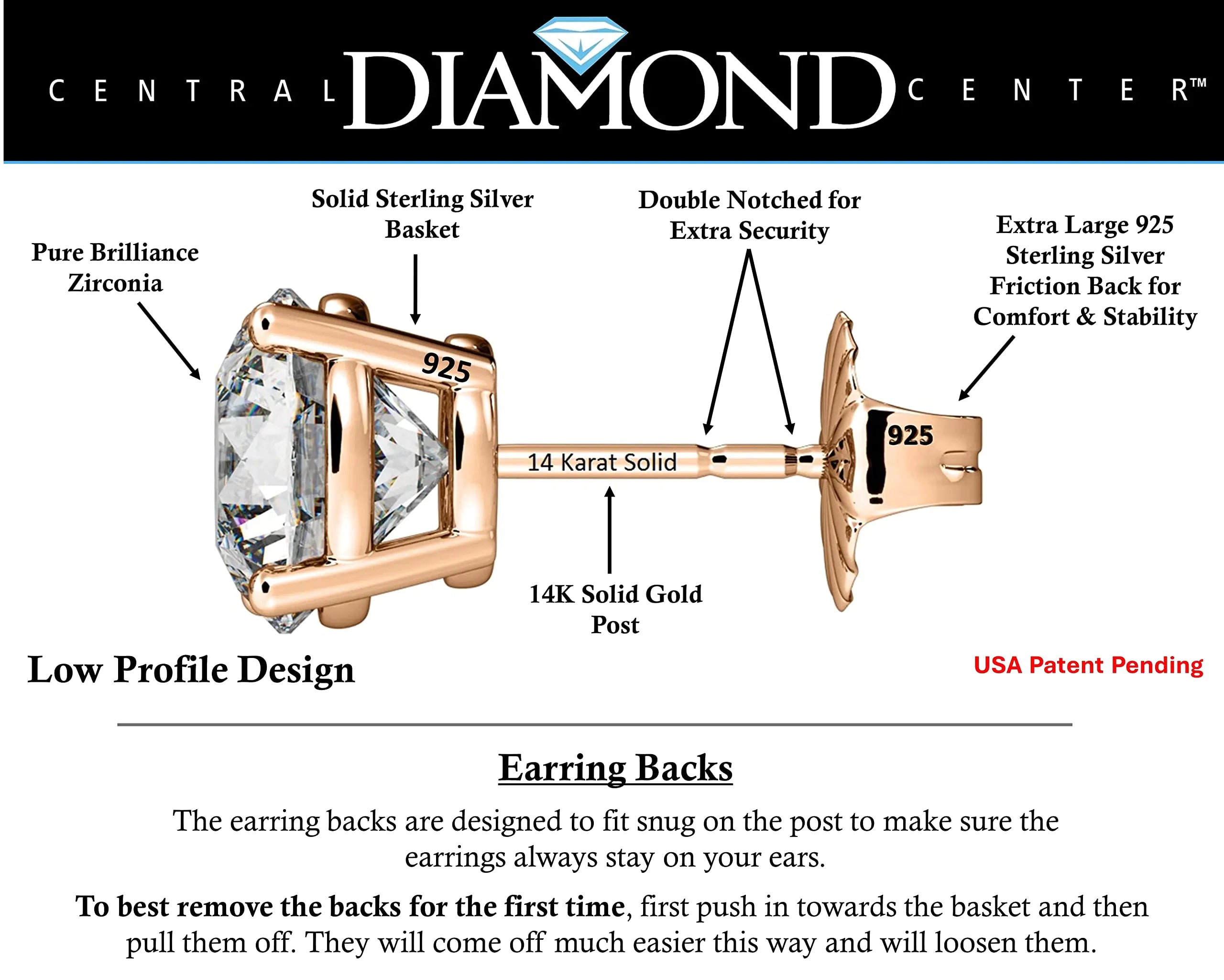 Aros con diamantes simulados en plata y poste de oro macizo de 14 quilates: aros con circonita cúbica de 0,30 ct a 8,00 ct, poste de oro de 14 quilates y plata esterlina, rosa de 0,8 quilates 