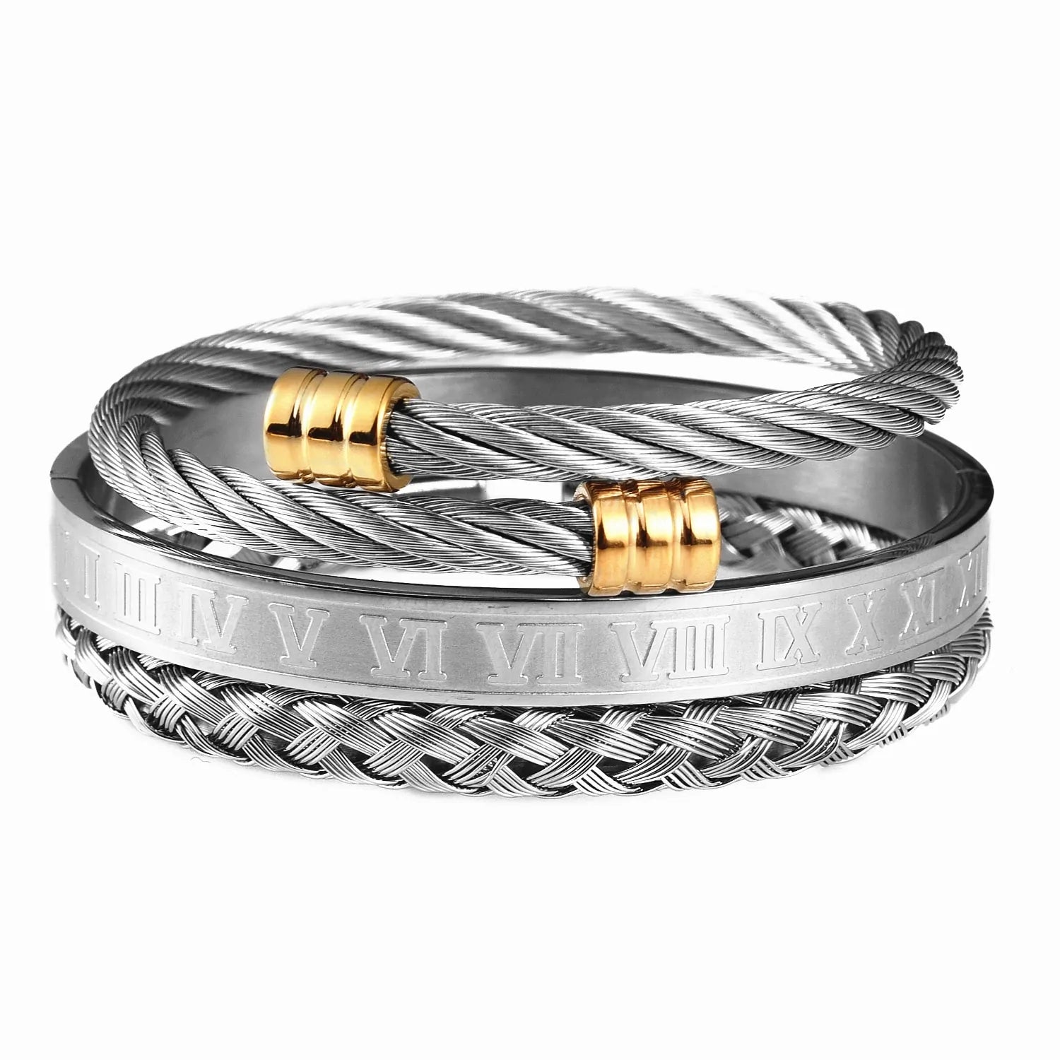 Luxury 3-piece Stainless Steel Bracelet Set with Roman Numeral Charm in Gold Color for Men Vivareflex Online