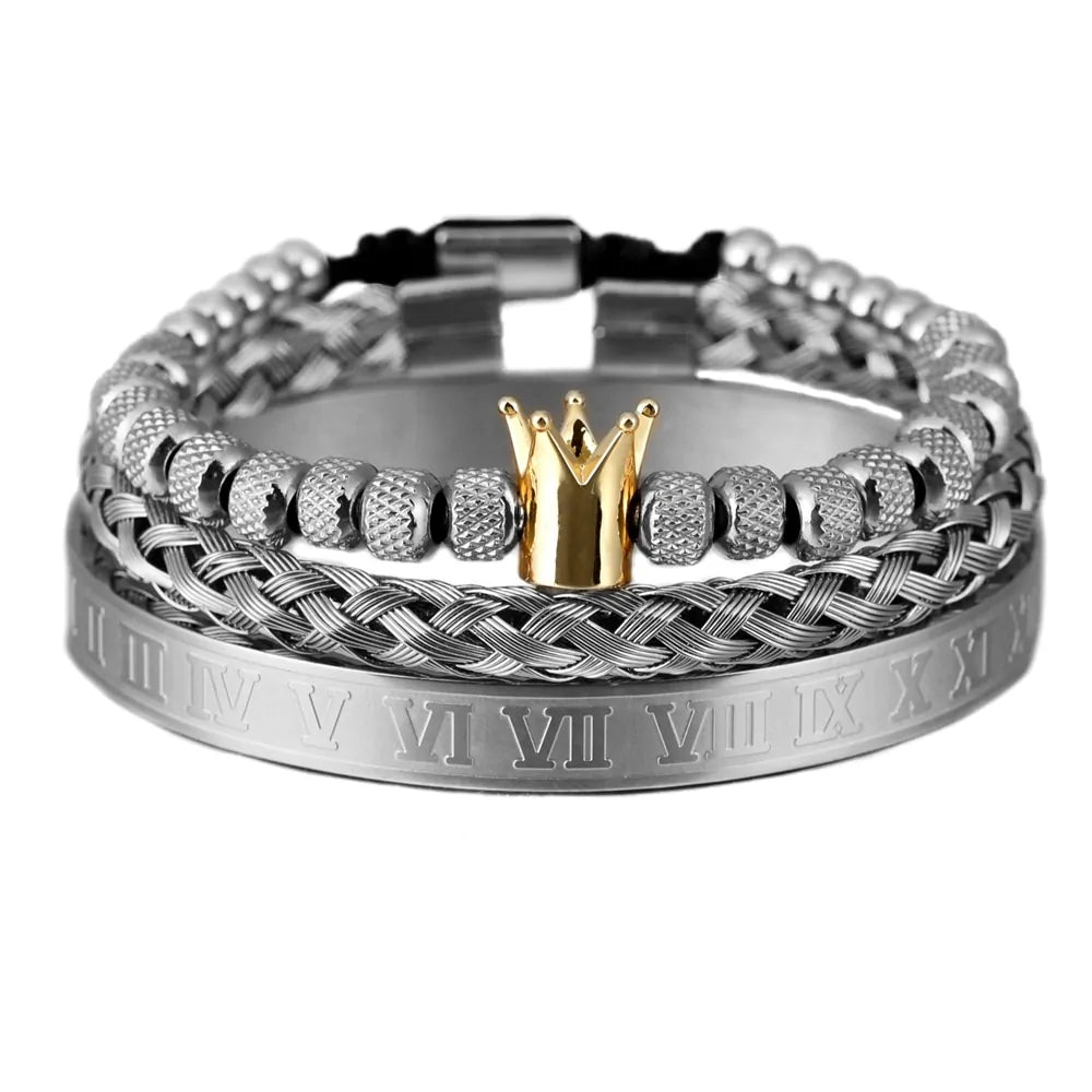 Luxury 3-piece Stainless Steel Bracelet Set with Roman Numeral Charm in Gold Color for Men Vivareflex Online