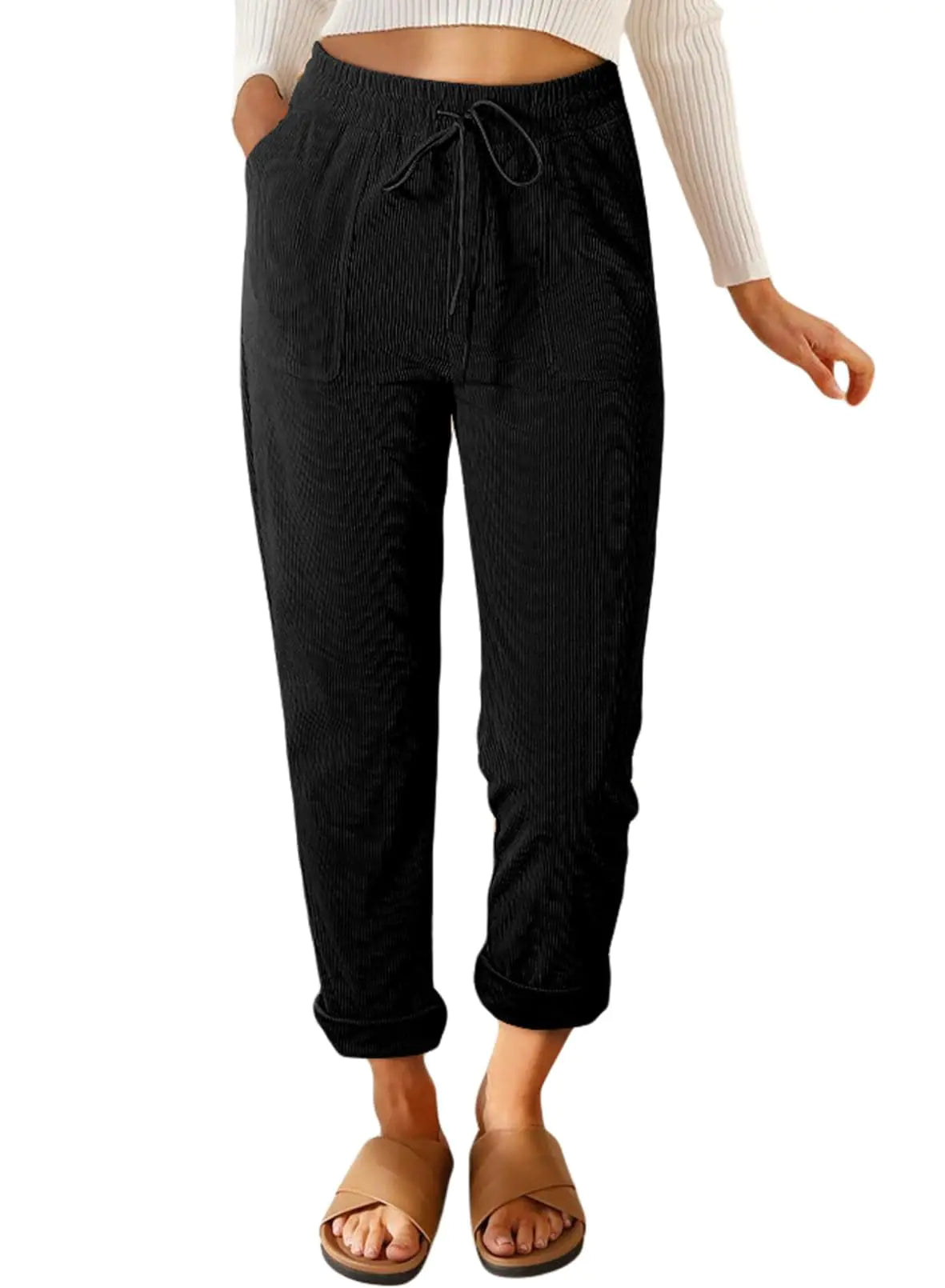 Pantalones de pana EVALESS para mujer, informales, con cordón elástico, cintura alta, pierna recta, pantalones holgados y cómodos con bolsillos, talla pequeña B1, color negro 