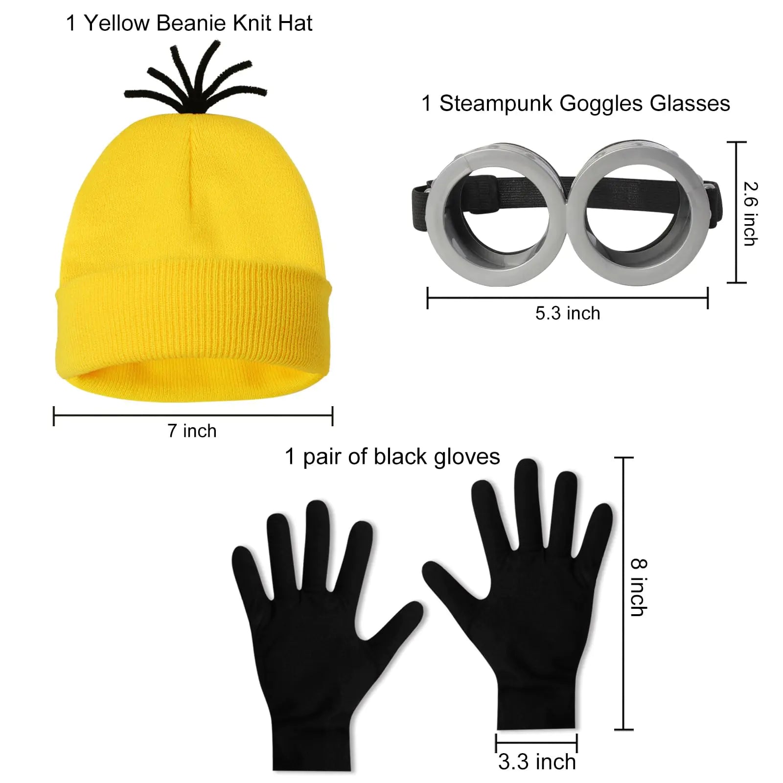 3 pièces accessoires de costume d'Halloween pour adultes, lunettes de protection/bonnet jaune/gants pour hommes femmes ensemble de fête de cosplay