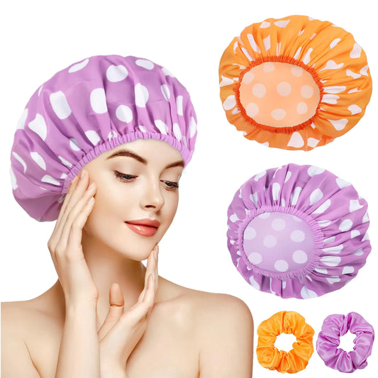 Lot de 2 grands bonnets de douche pour femmes, bonnets de bain imperméables réutilisables avec chouchous pour cheveux longs et épais (violet/orange) violet, orange