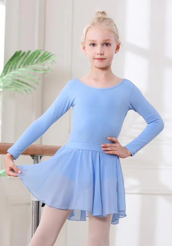 DIPUG Justaucorps de ballet pour filles avec jupe amovible Robe de danse à dos creux pour tout-petits Combo manches longues 10-12 ans Bleu-manches longues