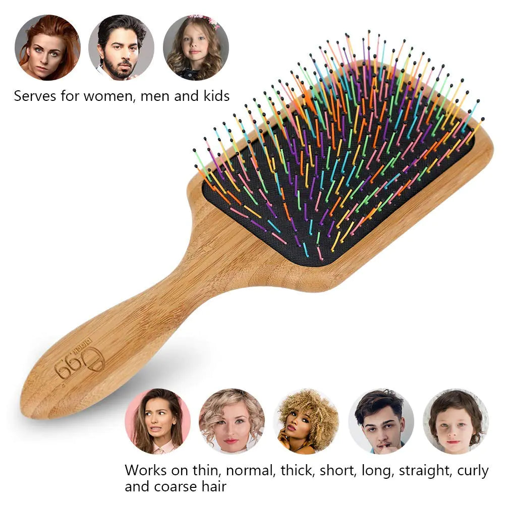 Brosse à cheveux démêlante BLACK EGG pour femmes et filles, brosse en nylon arc-en-ciel pour cheveux épais, fins et bouclés, comprend un peigne démêlant en bois et 3 élastiques à cheveux