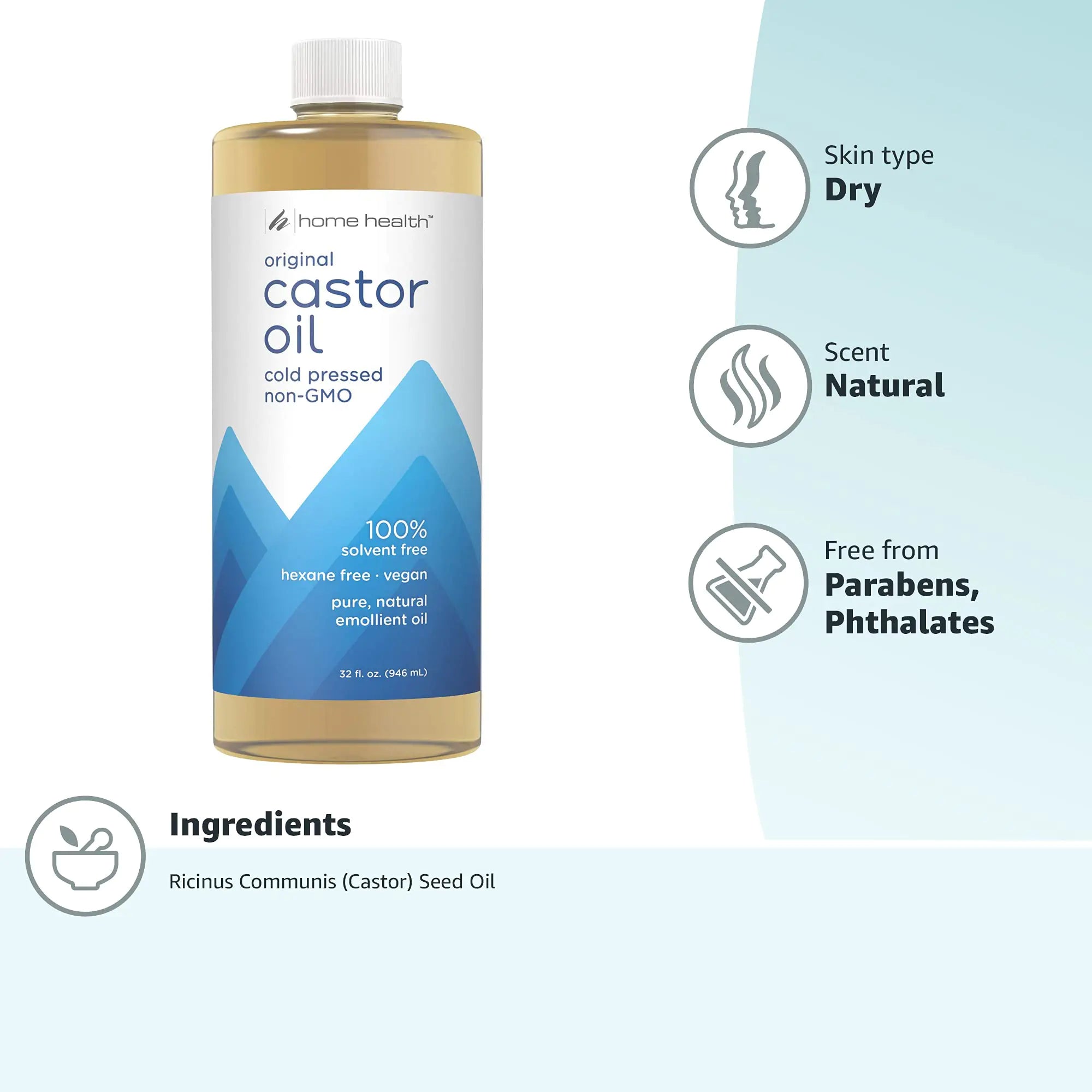 Home Health Original Castor Oil - 32 Fl Oz - Promotes Healthy Hair & Skin, Natural Skin Moisturizer - Pure, Cold Pressed, Non-GMO, Hexane-Free, Solvent-Free, Paraben-Free, Vegan 32 Fl Oz (Pack of 1)