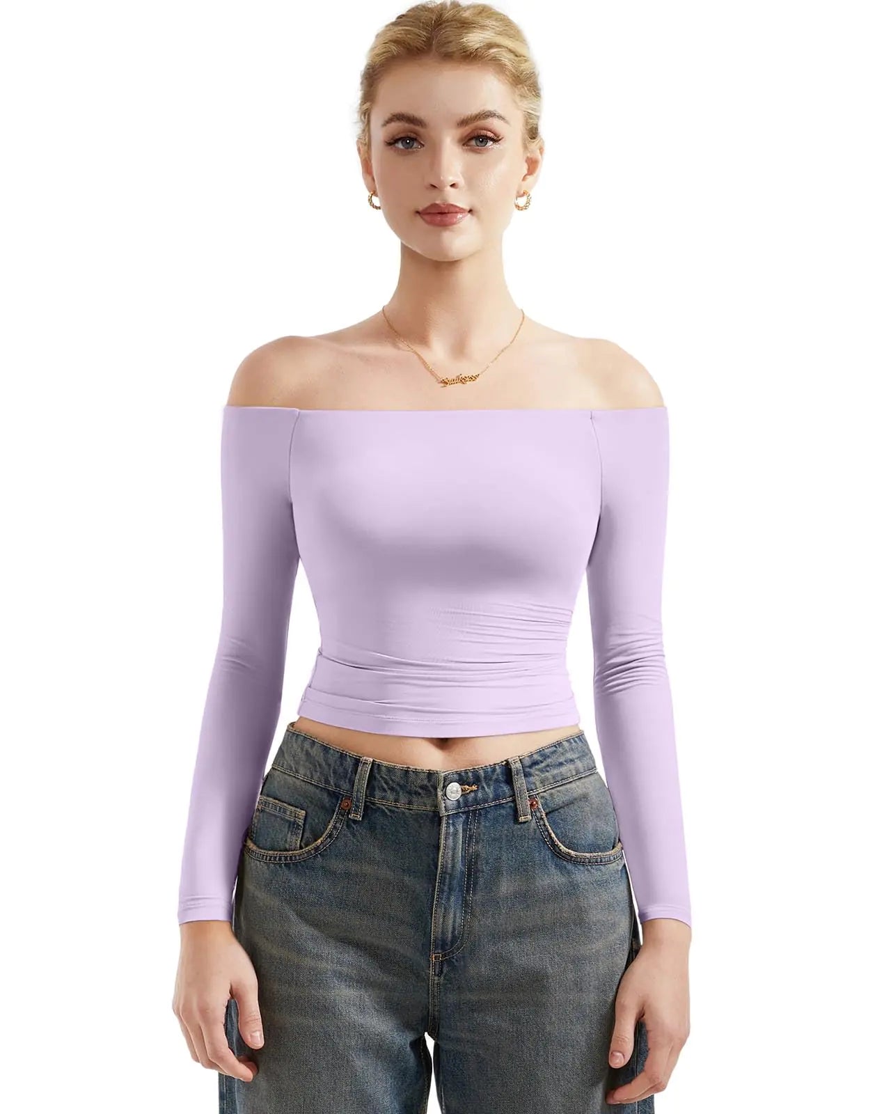 SUUKSESS Women Off Shoulder Double Lined Long Sleeve Shirts - X-Small Lilac - Vivareflex Online