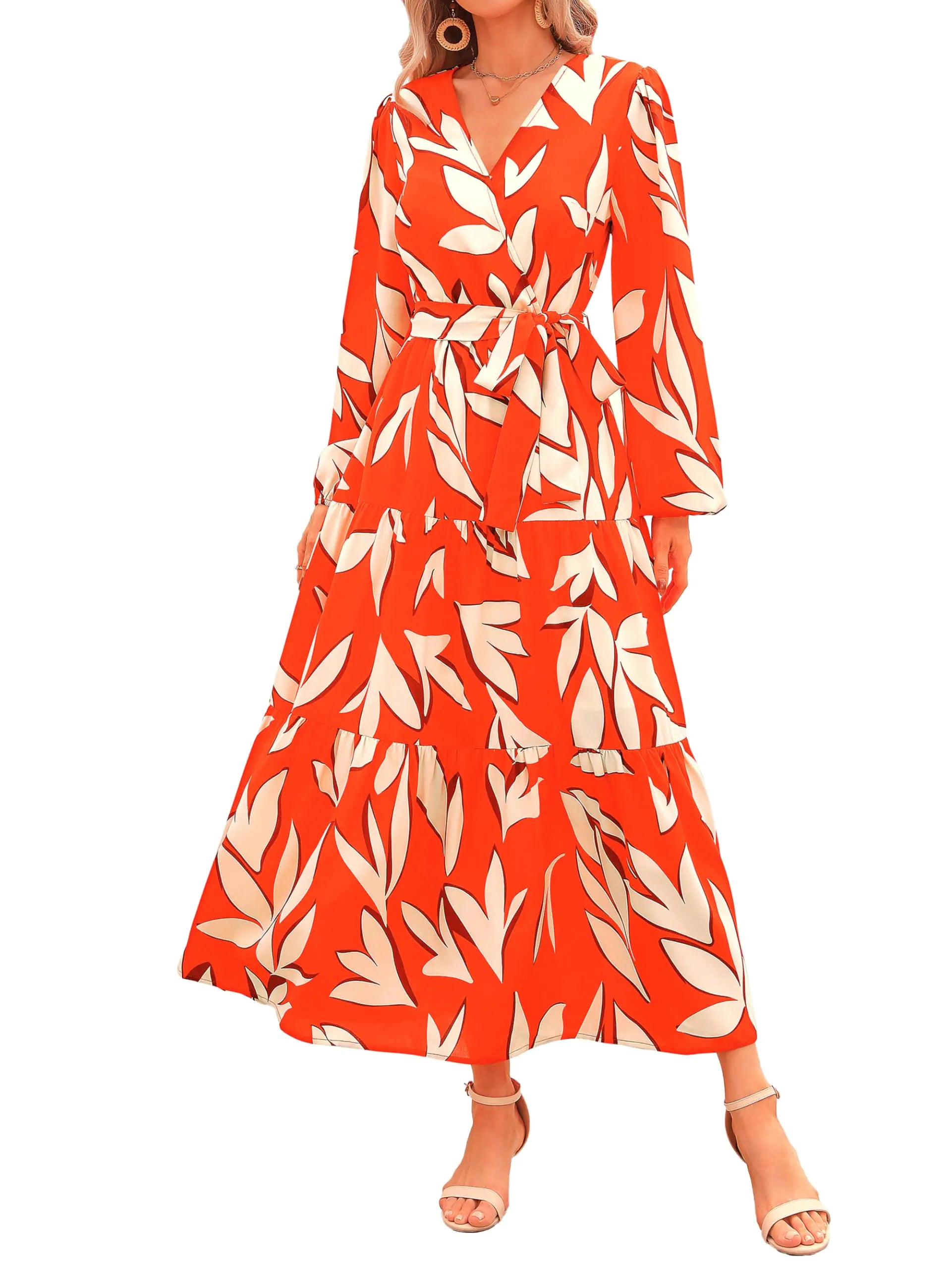 PRETTYGARDEN Vestido largo informal de gasa con volantes, cuello en V, manga larga, cruzado, floral, para mujer, otoño, con lazo en la cintura, estilo bohemio, holgado, XX-Large, F-naranja, blanco 