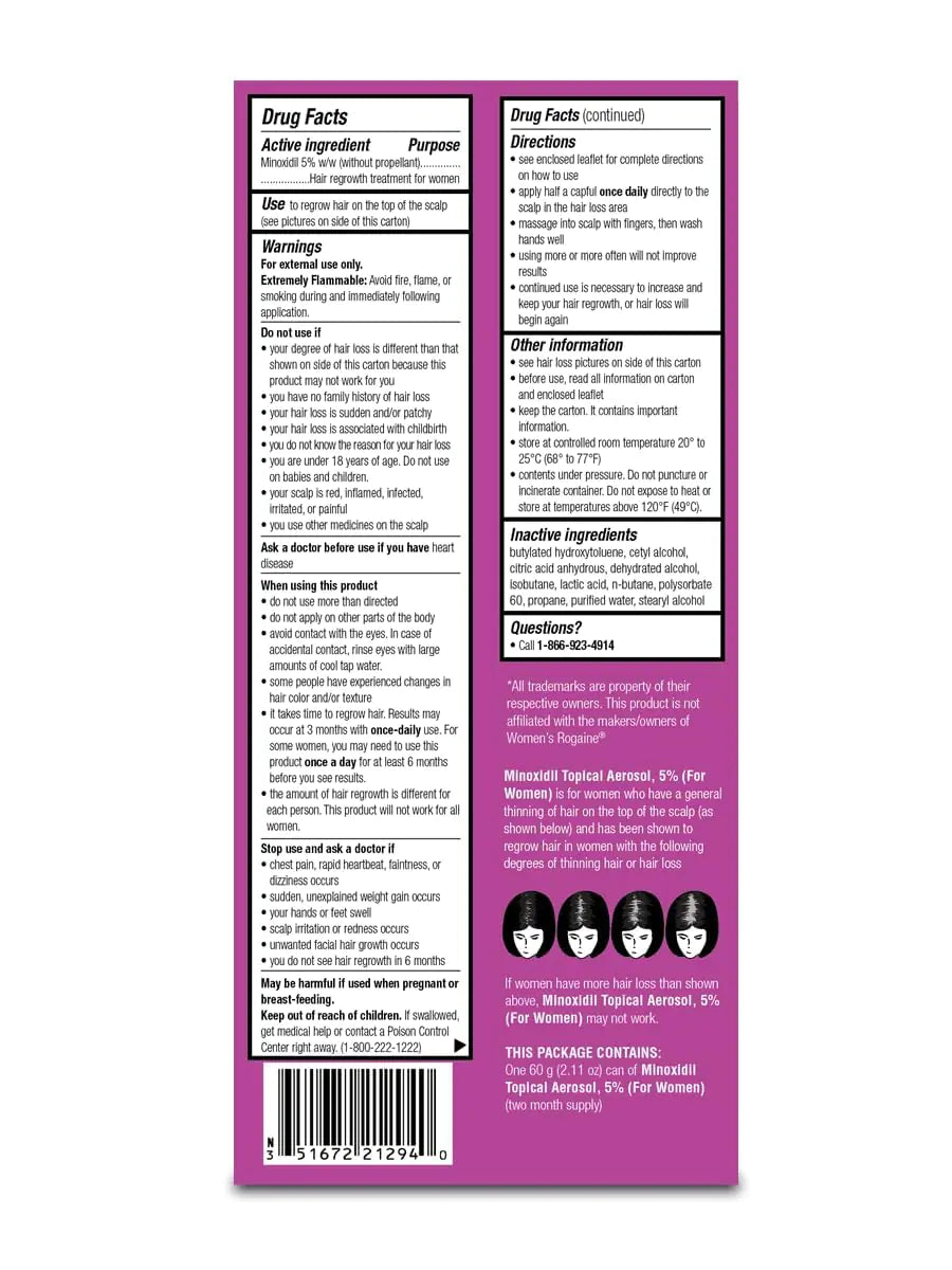 Espuma en aerosol tópica Taro Minoxidil al 5 %, tratamiento para el crecimiento del cabello en mujeres, 2,11 oz Reactiva los folículos pilosos para estimular el crecimiento del cabello - Suministro para 4 meses 2,11 oz (paquete de 2) 