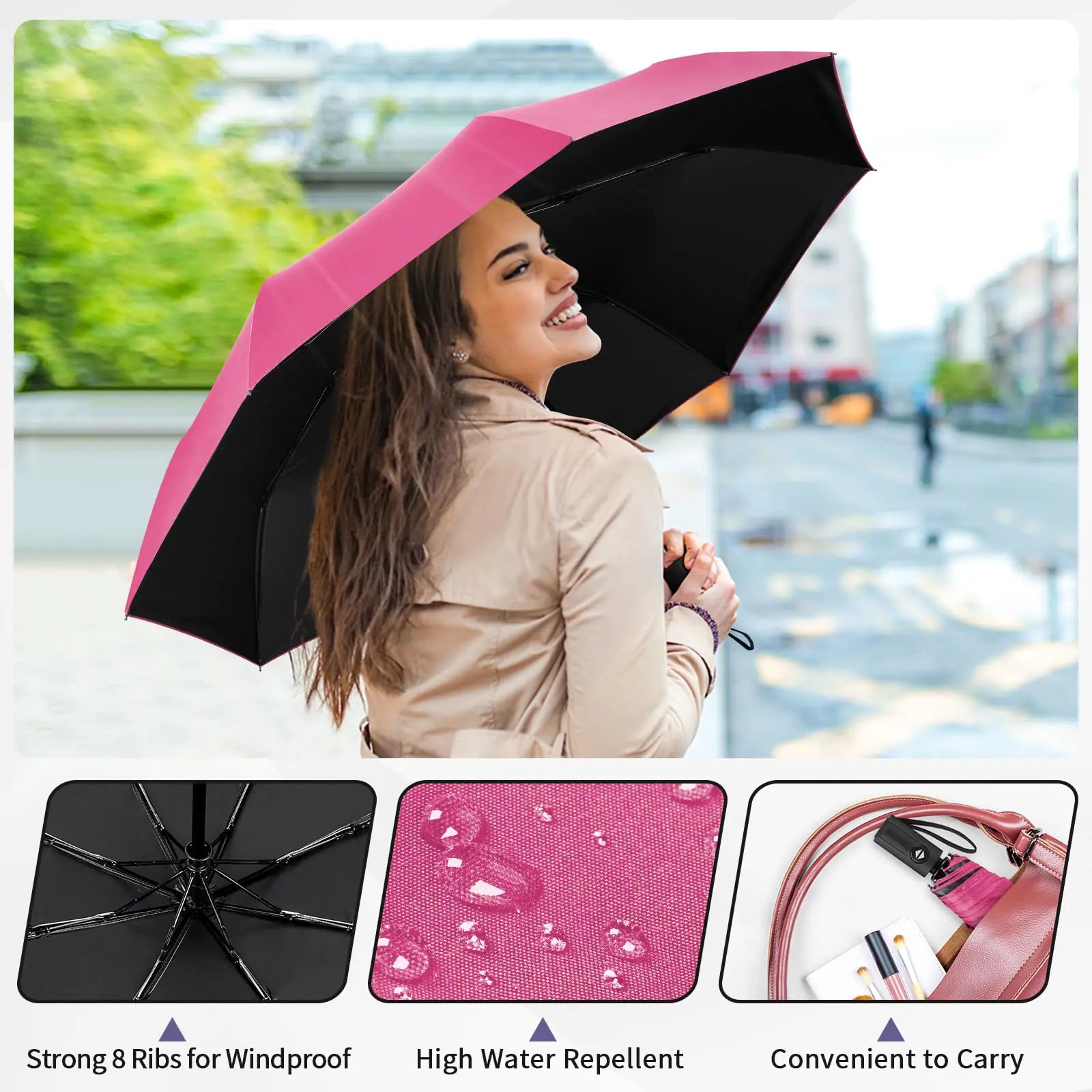 Yoobure Petit Mini Parapluie avec Étui Design Compact Léger Parfait pour Voyager Parasol Portable Léger Parapluies Extérieurs Soleil & Pluie Auto-Rose