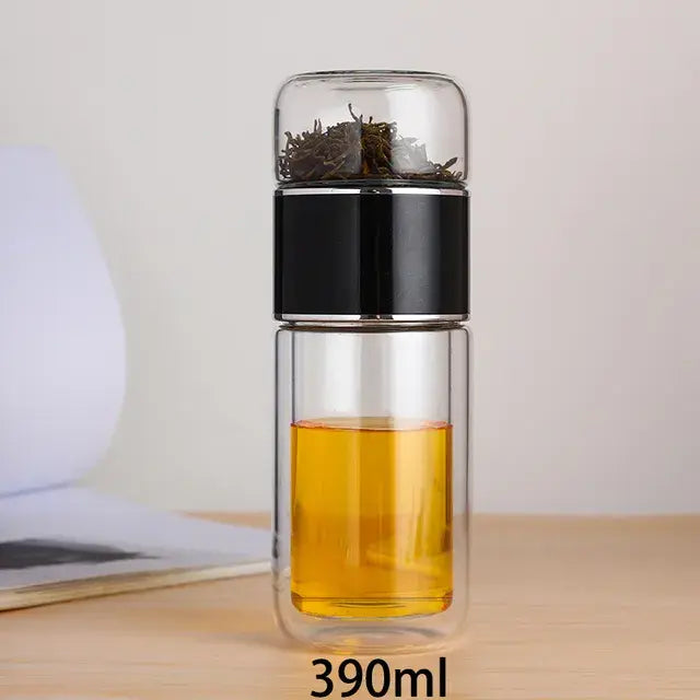 Bouteille à thé en verre borosilicate à double couche de 390 ml avec infuseur à thé