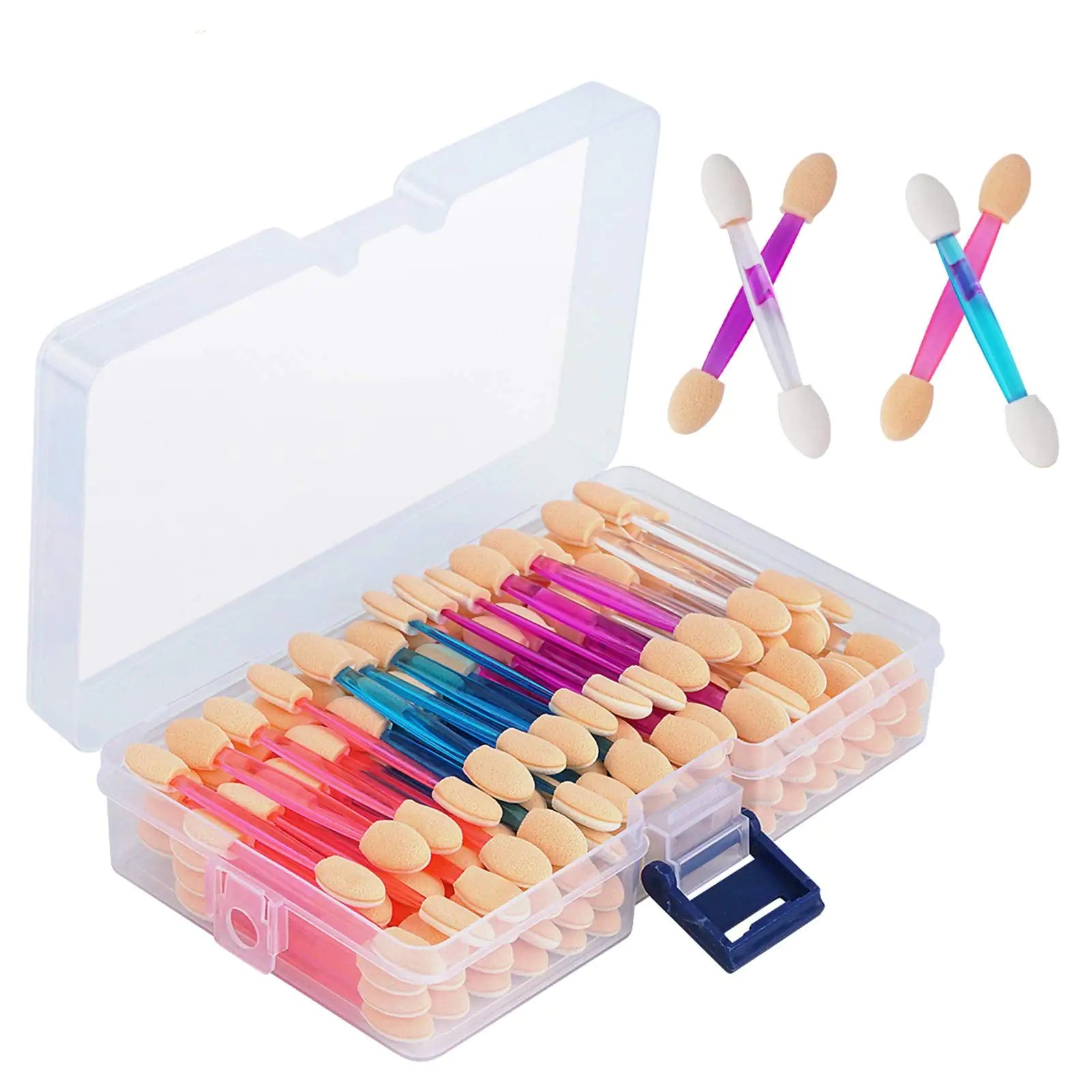 Cuttte Lot de 120 éponges applicatrices jetables à double face pour fard à paupières avec récipient, 4 couleurs de pinceaux pour fard à paupières, applicateur de maquillage transparent, rose, violet, bleu, 120 unités (lot de 1)