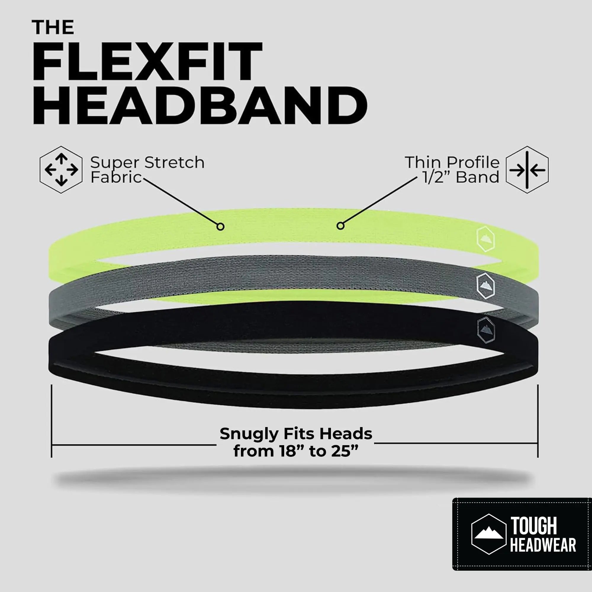 Tough Headwear Thin Elastic Sports Headbands for Women & Men, Workout, Running, Soccer Headband - Black, Gray, Yellow - Vivareflex Online