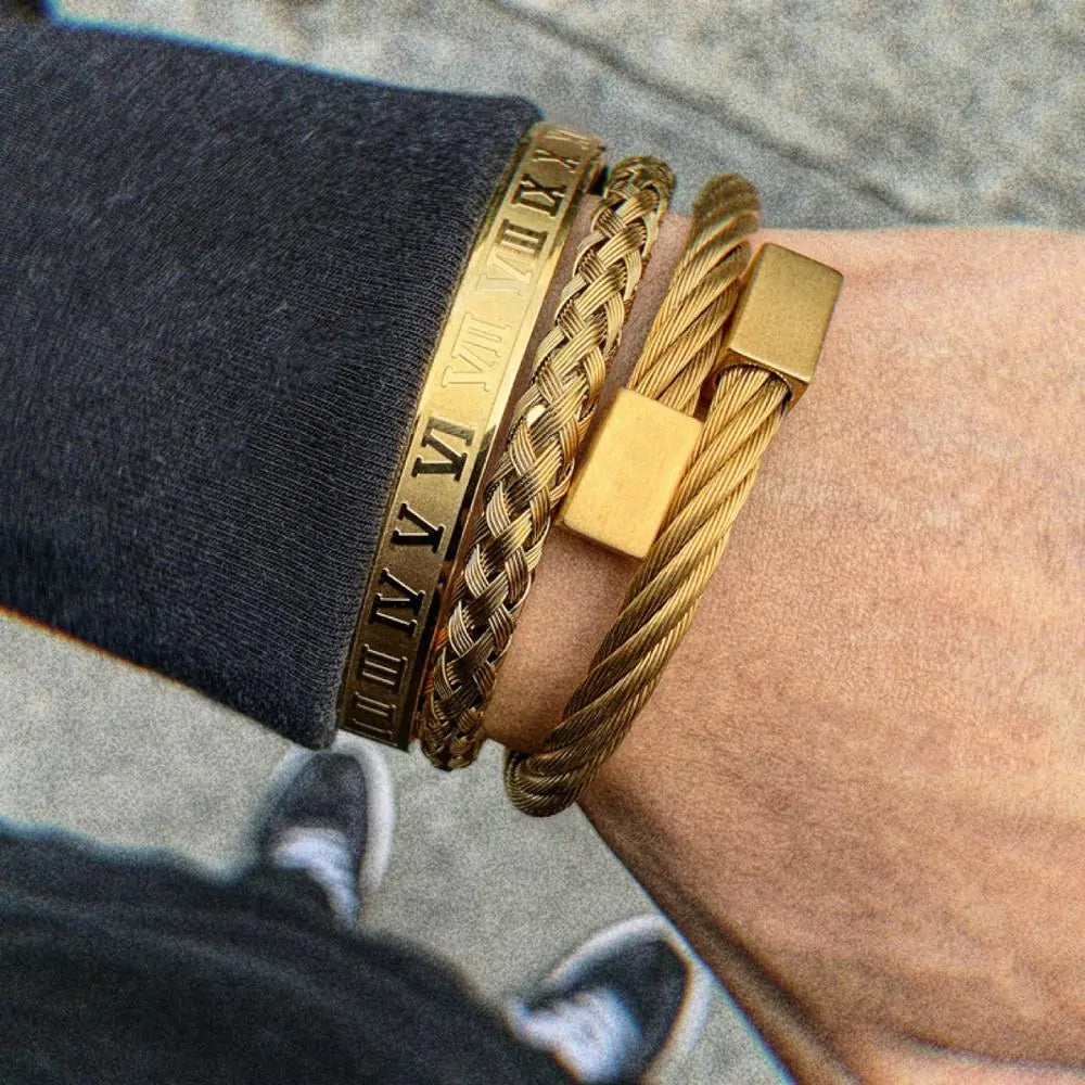 Luxury 3-piece Stainless Steel Bracelet Set with Roman Numeral Charm in Gold Color for Men Vivareflex Online