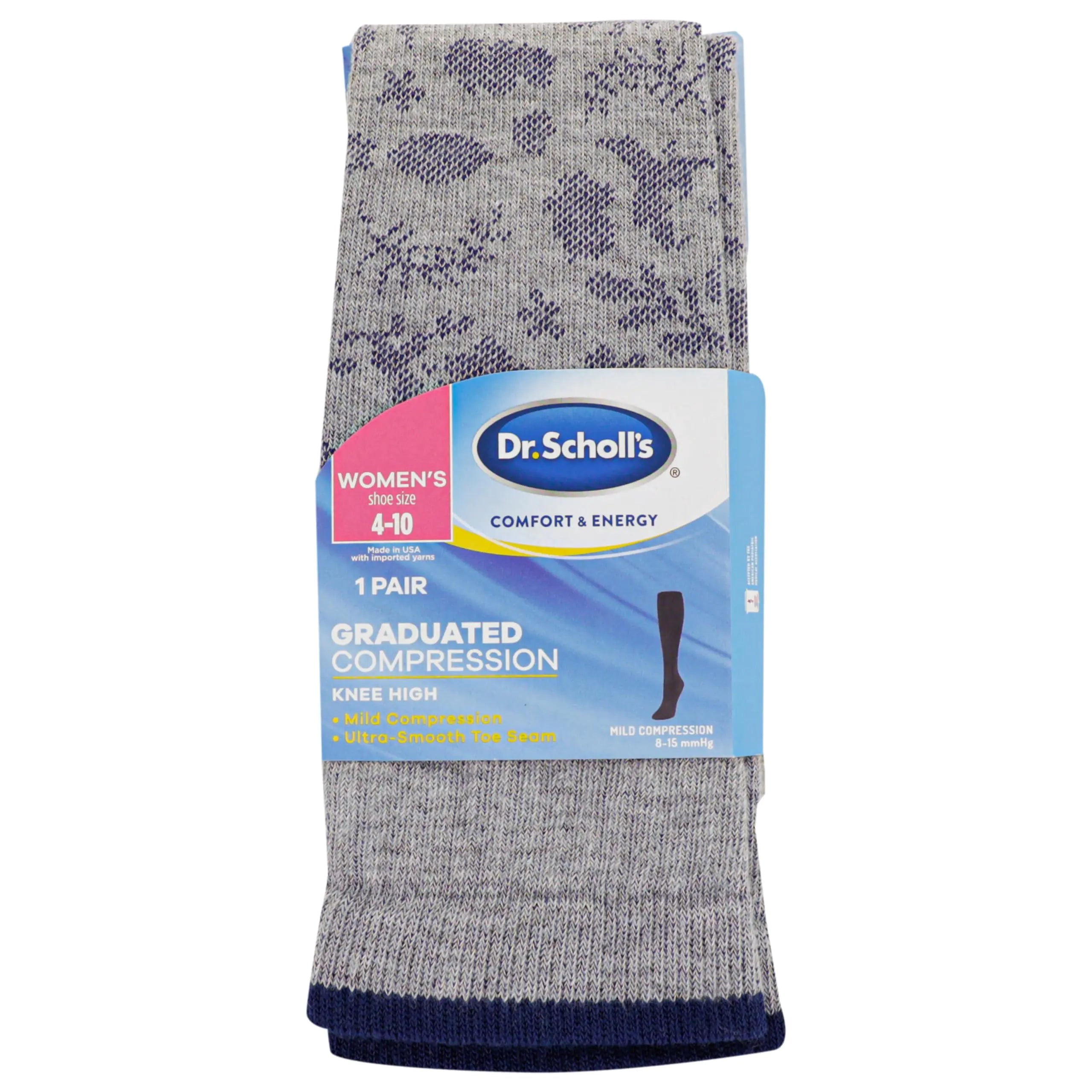 Calcetines hasta la rodilla de compresión graduada para mujer de Dr. Scholl's: comodidad y alivio de la fatiga, gris, estampado floral morado (1 par), talla 4-10 