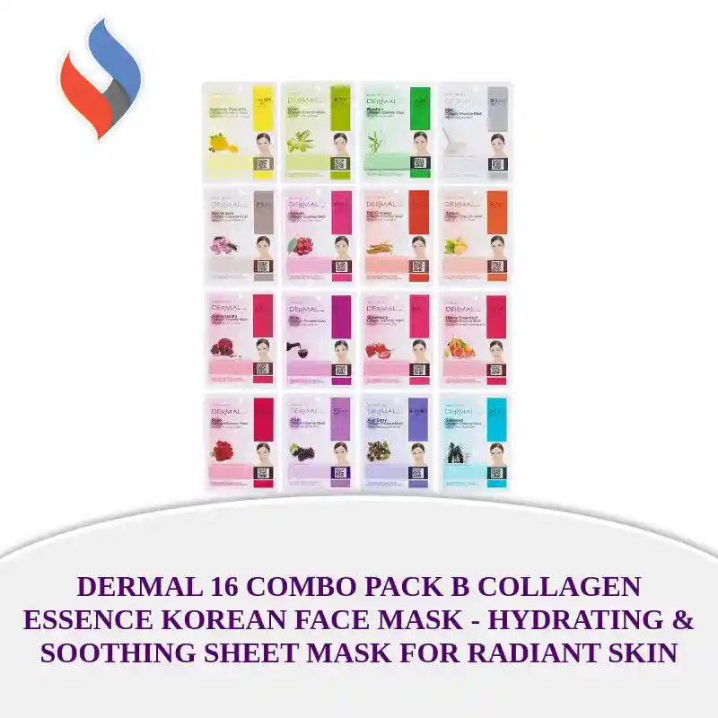 DERMAL 16 Combo Pack B Collagen Essence Korean Face Mask - Hydrating & Soothing Sheet Mask for Radiant Skin by@Outfy
