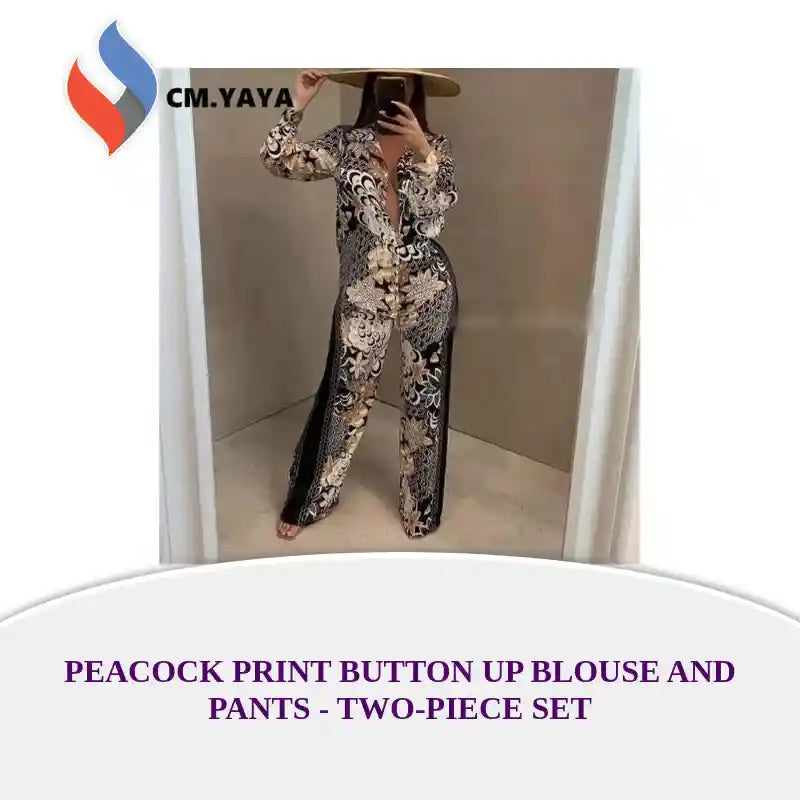 Peacock Print Button Up Blouse and Pants - Two-Piece Set by@Outfy