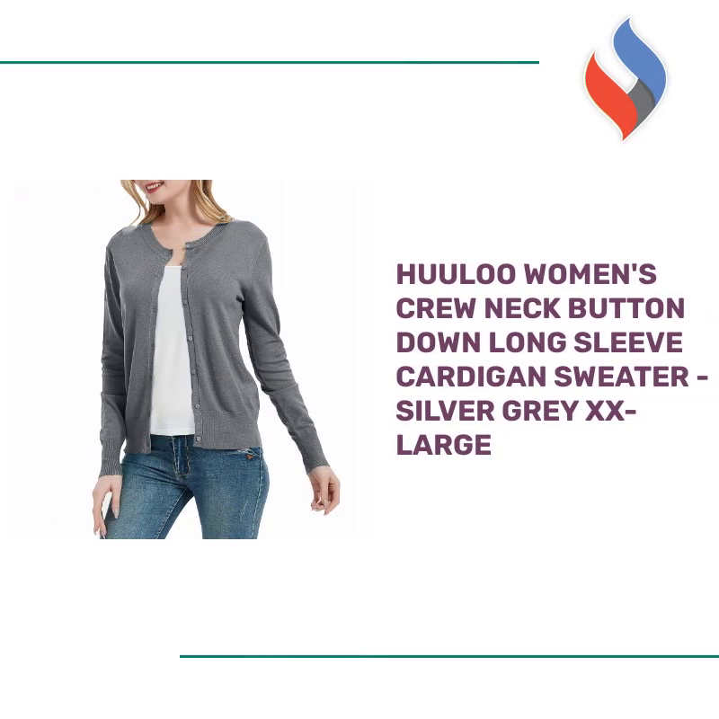 Huuloo Women's Crew Neck Button Down Long Sleeve Cardigan Sweater - Silver Grey XX-Large by@Outfy