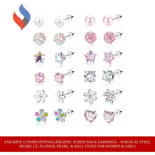 SAILIMUE 12 Pairs Hypoallergenic Screw Back Earrings &ndash; Surgical Steel Heart, CZ, Flower, Pearl, &amp; Ball Studs for Women &amp; Girls by@Outfy
